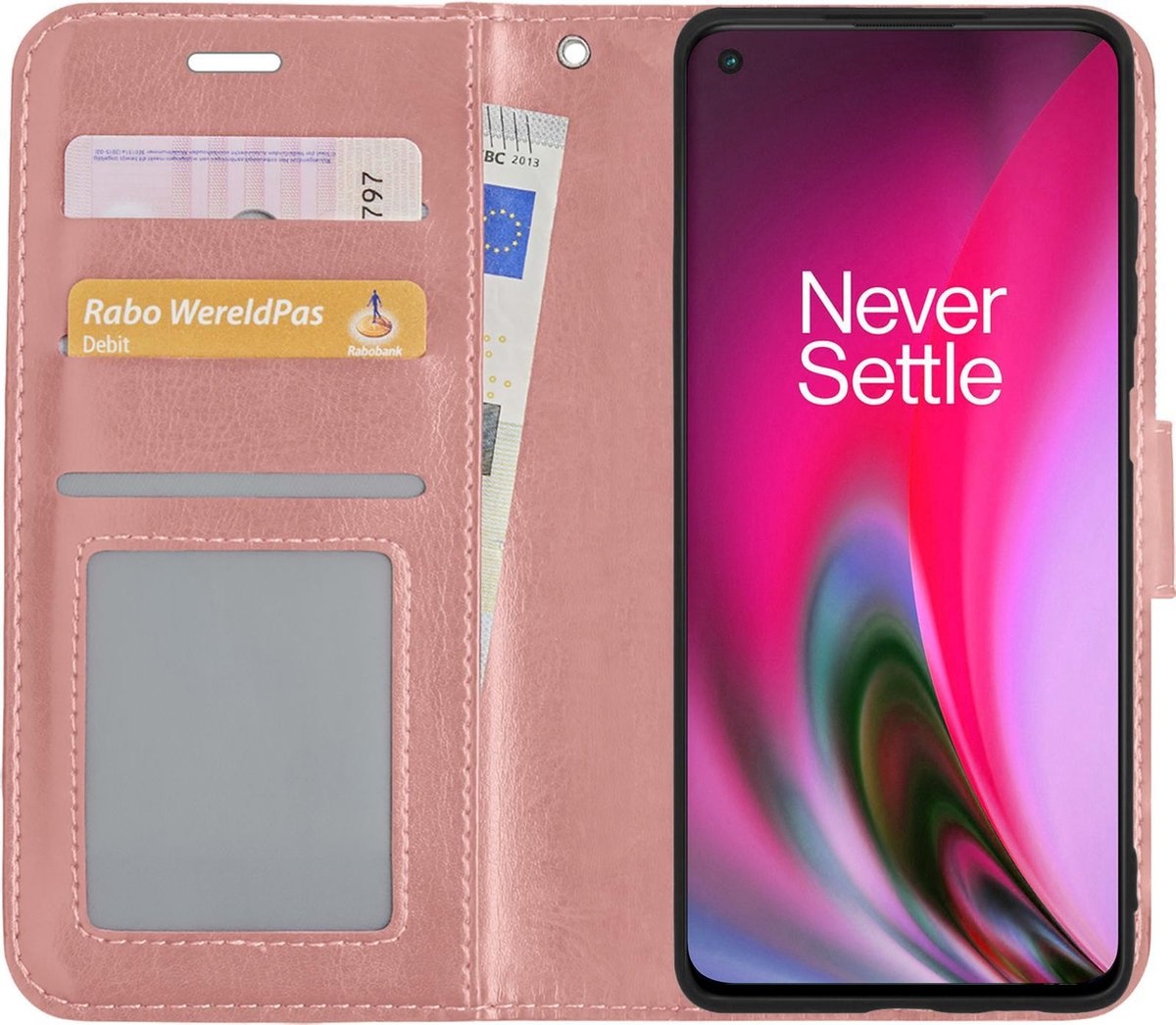 BASEY. Hoes Geschikt voor OnePlus Nord 2 Hoesje Bookcase Hoes Flip Case Book Cover - Hoesje Geschikt voor OnePlus Nord 2 Hoes Book Case Hoesje - Rosé goud