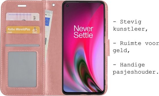 BASEY. Hoes Geschikt voor OnePlus Nord 2 Hoesje Bookcase Hoes Flip Case Book Cover - Hoesje Geschikt voor OnePlus Nord 2 Hoes Book Case Hoesje - Rosé goud