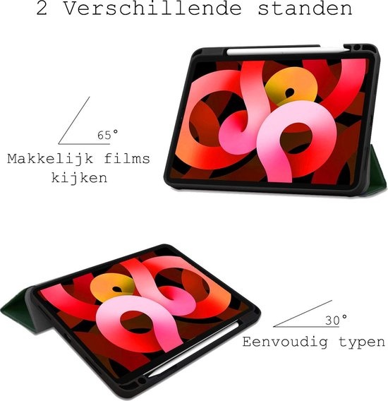 BASEY. Hoesje Geschikt voor iPad Air 2020 Hoes Case Tablet Hoesje Tri-fold Met Uitsparing Geschikt voor Apple Pencil - Hoes Geschikt voor iPad Air 4 2020 Hoesje Hard Cover Bookcase Hoes - Donkergroen