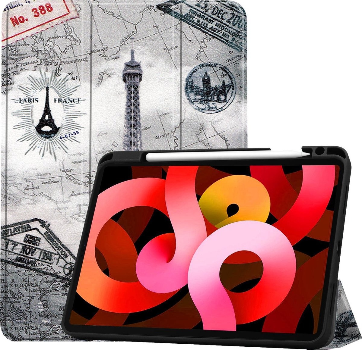 BASEY. Hoesje Geschikt voor iPad Air 2020 Hoes Case Tablet Hoesje Tri-fold Met Uitsparing Geschikt voor Apple Pencil - Hoes Geschikt voor iPad Air 4 2020 Hoesje Hard Cover Bookcase Hoes - Eiffeltoren