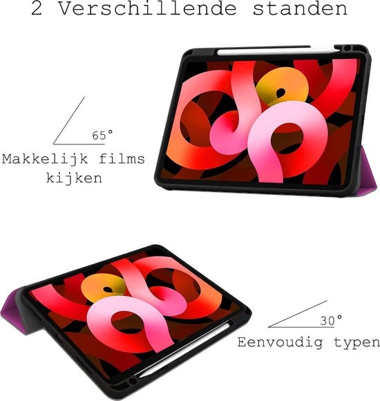 BASEY. Hoesje Geschikt voor iPad Air 2020 Hoes Case Tablet Hoesje Tri-fold Met Uitsparing Geschikt voor Apple Pencil - Hoes Geschikt voor iPad Air 4 2020 Hoesje Hard Cover Bookcase Hoes - Paars