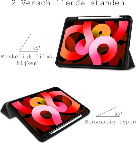 BASEY. Hoesje Geschikt voor iPad Air 2020 Hoes Case Tablet Hoesje Tri-fold Met Uitsparing Geschikt voor Apple Pencil - Hoes Geschikt voor iPad Air 4 2020 Hoesje Hard Cover Bookcase Hoes - Zwart