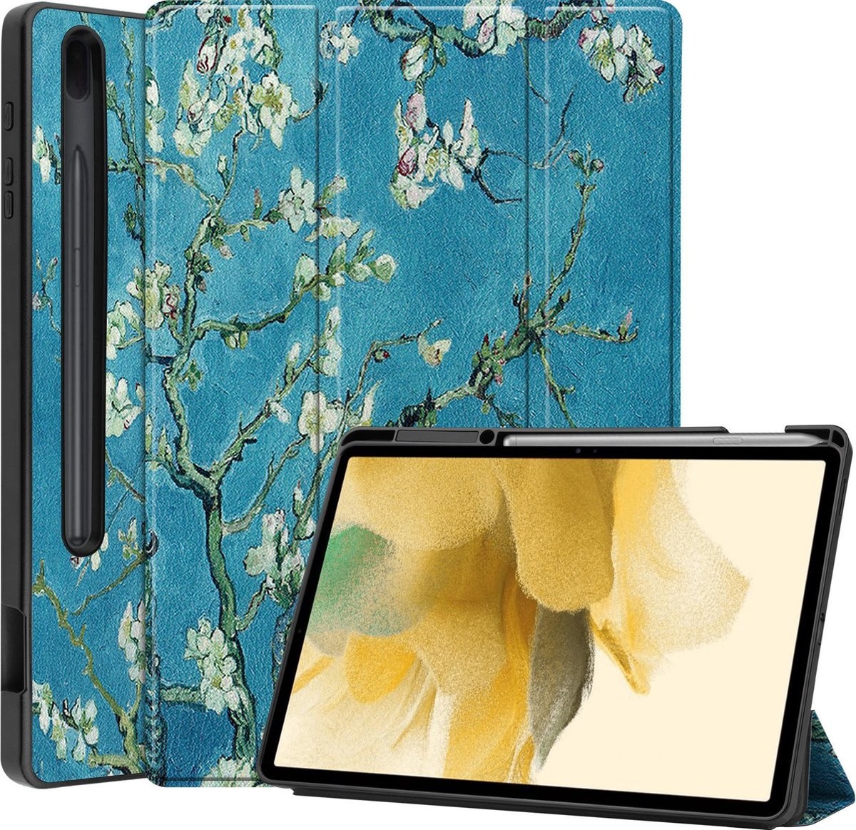 BASEY. Hoesje Geschikt voor Samsung Galaxy Tab S7 FE Hoes Case Tablet Hoesje Tri-fold Met Uitsparing Geschikt voor S Pen - Hoes Geschikt voor Samsung Tab S7 FE Hoesje Hard Cover Bookcase Hoes - Bloesem