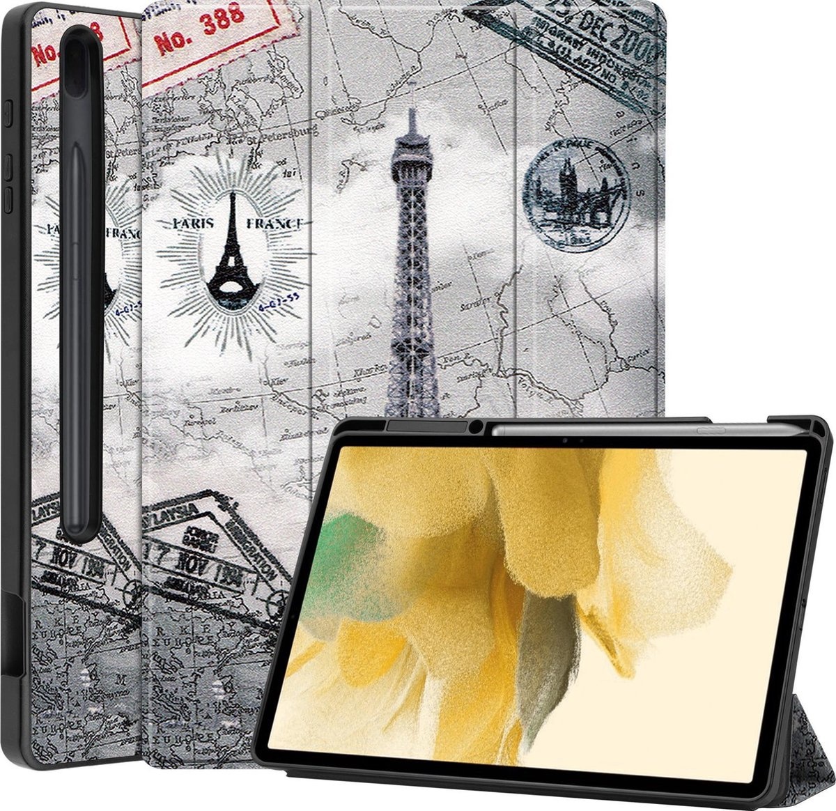 BASEY. Hoesje Geschikt voor Samsung Galaxy Tab S7 FE Hoes Case Tablet Hoesje Tri-fold Met Uitsparing Geschikt voor S Pen - Hoes Geschikt voor Samsung Tab S7 FE Hoesje Hard Cover Bookcase Hoes - Eiffeltoren