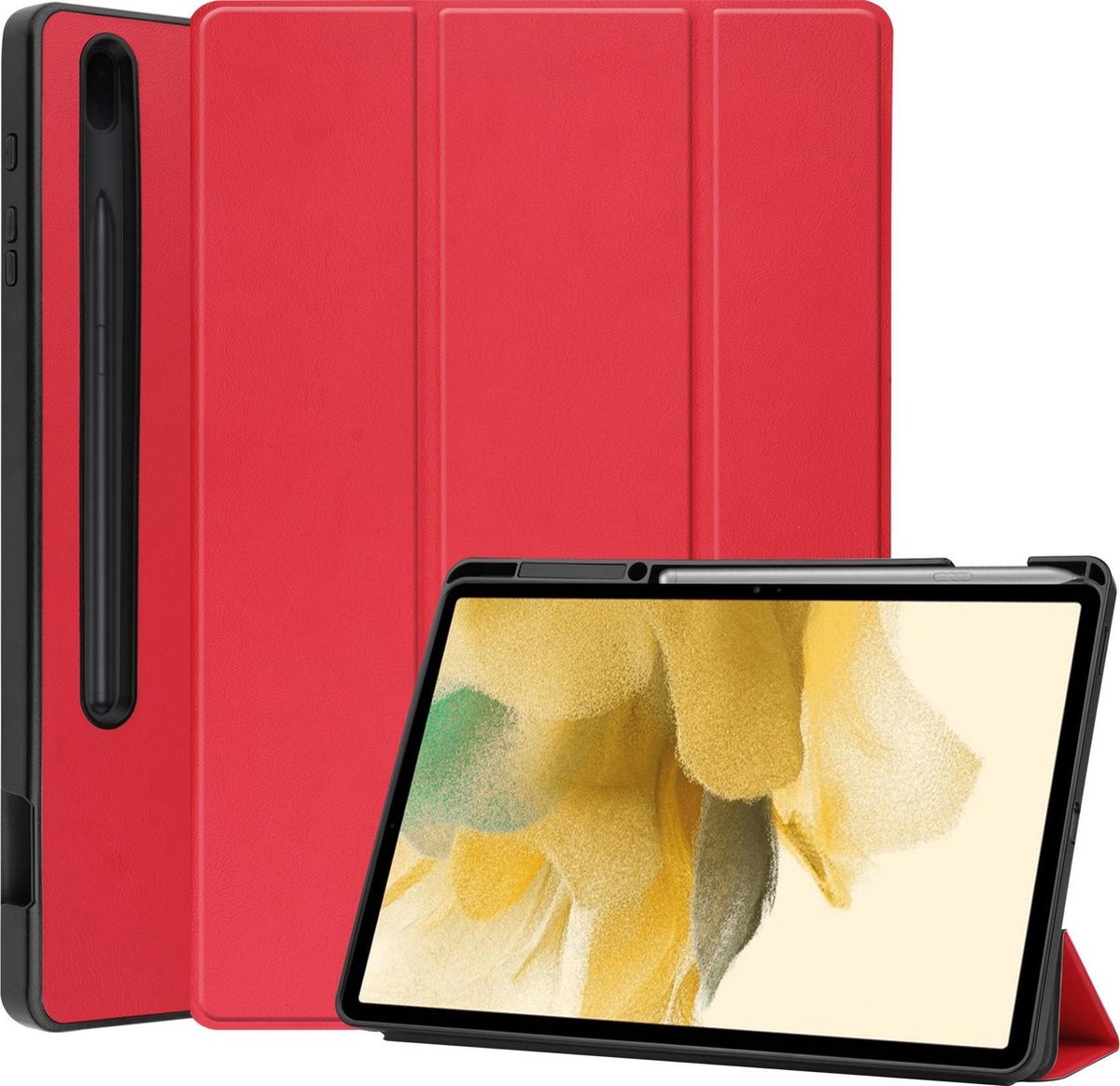 BASEY. Hoesje Geschikt voor Samsung Galaxy Tab S7 FE Hoes Case Tablet Hoesje Tri-fold Met Uitsparing Geschikt voor S Pen - Hoes Geschikt voor Samsung Tab S7 FE Hoesje Hard Cover Bookcase Hoes - Rood