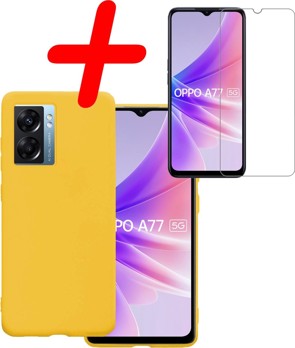 OPPO A77 Hoesje Siliconen Back Cover Case Met Screenprotector - OPPO A77 Hoes Silicone Case Hoesje - Geel