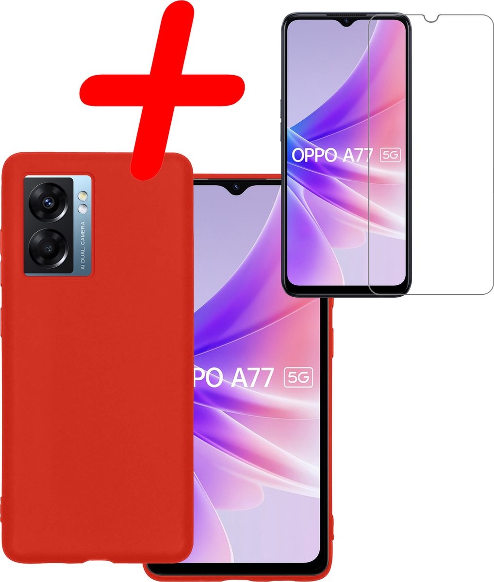 BASEY. Hoes Geschikt voor OPPO A77 Hoesje Siliconen Back Cover Case Met Screenprotector - Hoesje Geschikt voor OPPO A77 Hoes Cover Hoesje - Rood