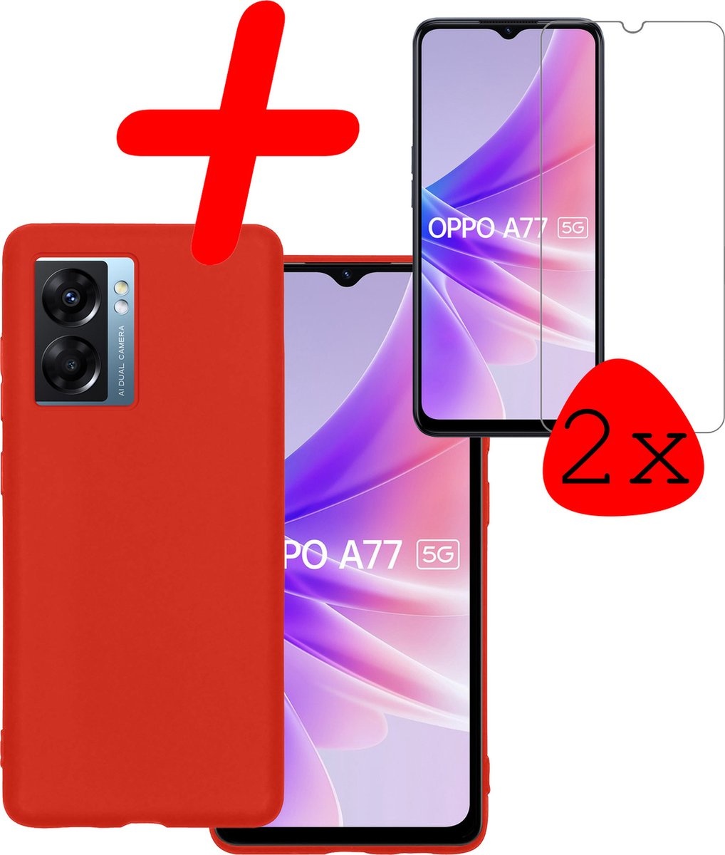 BASEY. Hoes Geschikt voor OPPO A77 Hoesje Siliconen Back Cover Case Met 2x Screenprotector - Hoesje Geschikt voor OPPO A77 Hoes Cover Hoesje - Rood