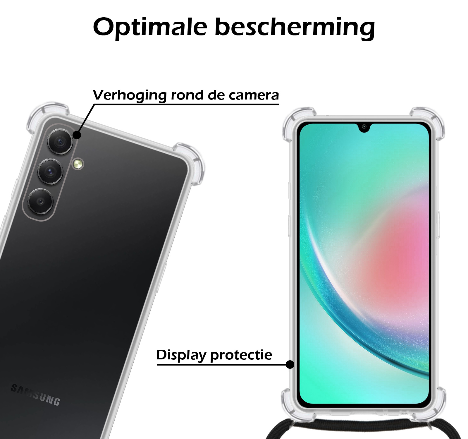 Nomfy Hoesje Geschikt voor Samsung A34 Hoesje Shock Proof Transparant Met Telefoonketting Case Shock Koord - Hoesje Geschikt voor Samsung Galaxy A34 Shock Proof Case Met Koord - Transparant