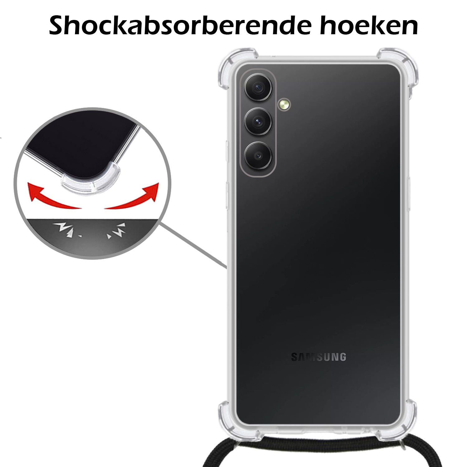 Samsung A34 Hoesje Shock Proof Met Telefoonketting Case Shock Met Koord - Samsung Galaxy A34 Shock Proof Back Case Koordhoesje - Transparant