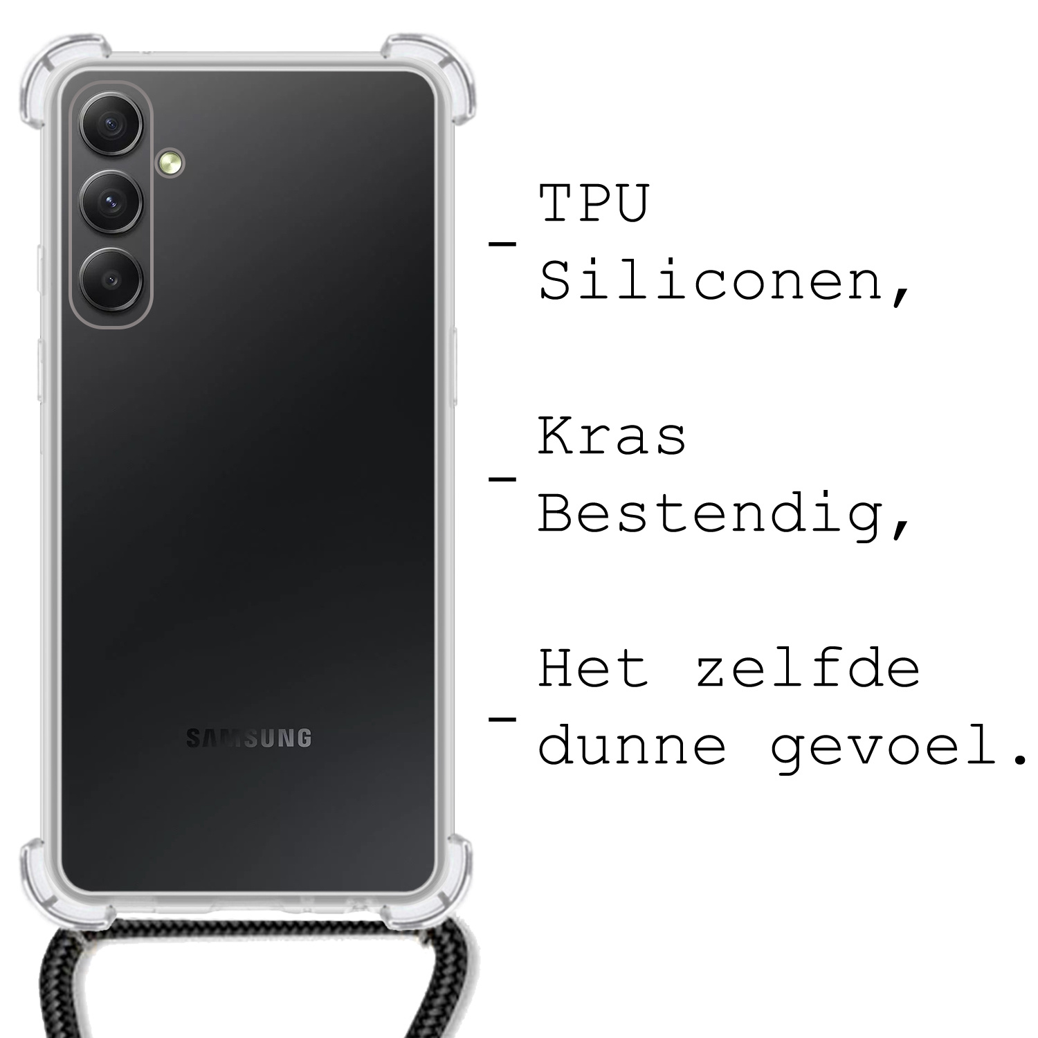 BASEY. Hoes Geschikt voor Samsung A34 Hoesje Shock Proof Case Met Koord Shock Hoes Met Koord - Hoesje Geschikt voor Samsung Galaxy A34 Hoes Cover Met Koord - Transparant
