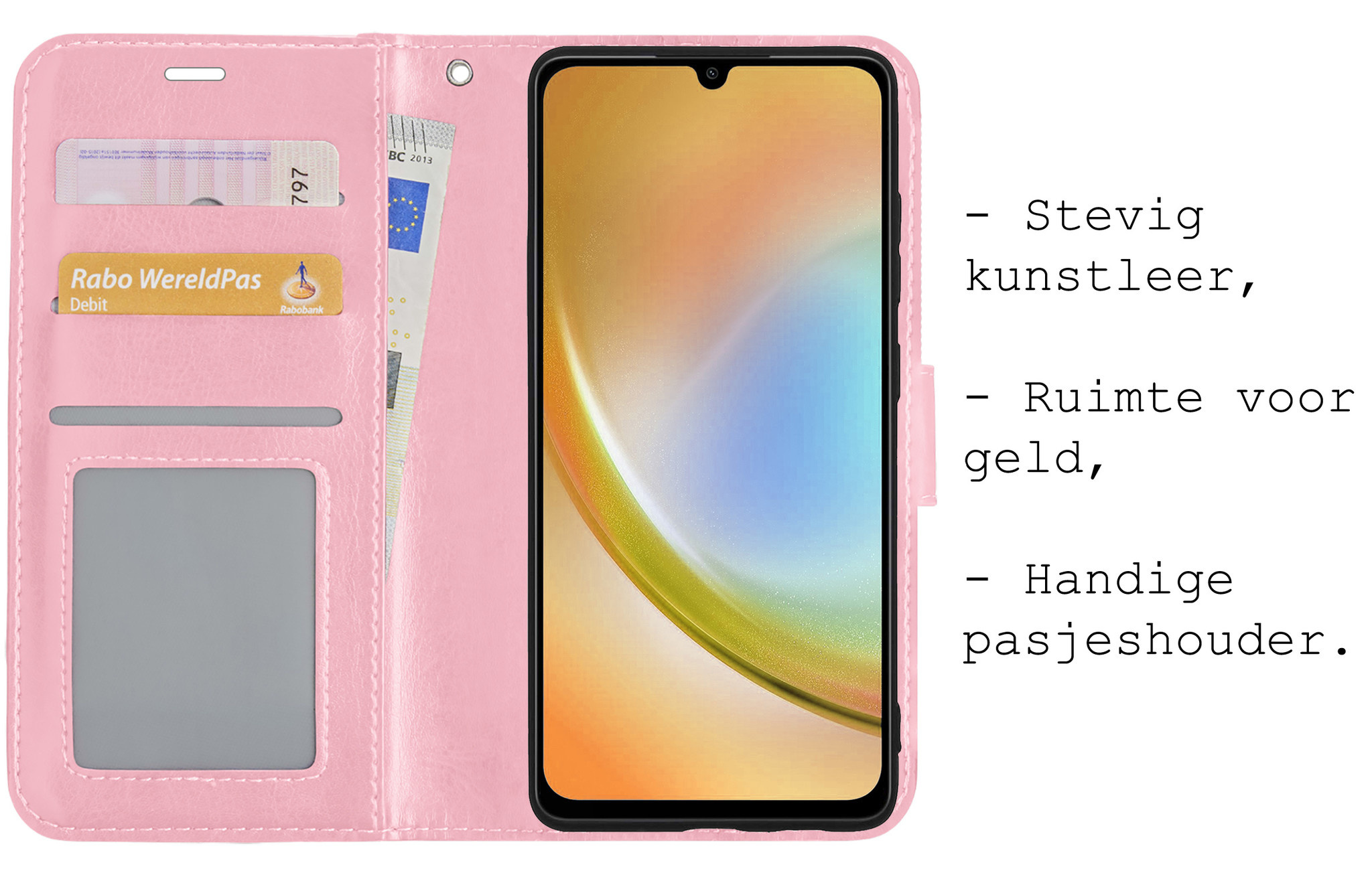 BASEY. Hoes Geschikt voor Samsung A34 Hoesje Bookcase Hoes Flip Case Book Cover Met Screenprotector - Hoesje Geschikt voor Samsung Galaxy A34 Hoes Book Case Hoesje - Lichtroze
