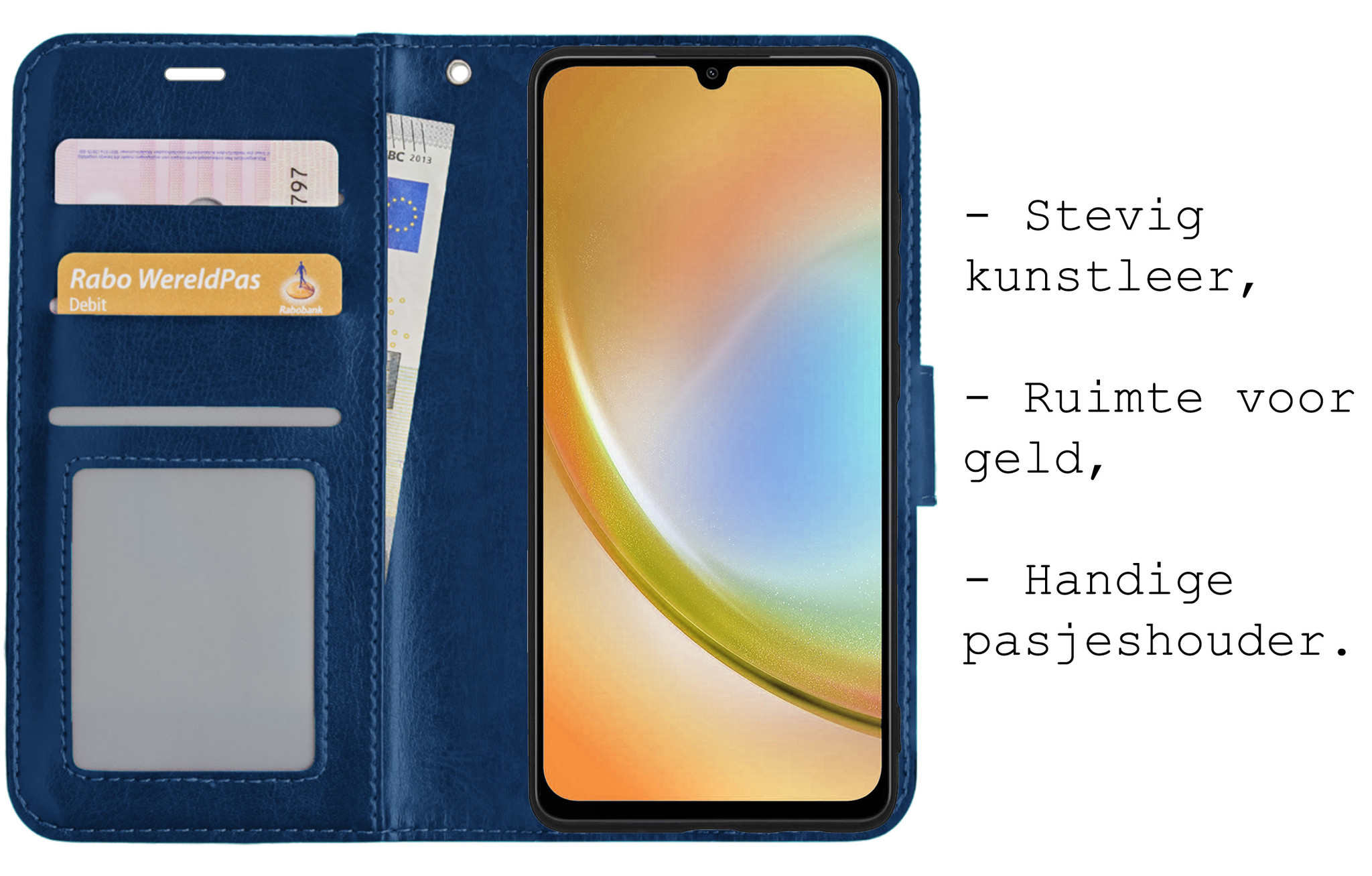 BASEY. Hoes Geschikt voor Samsung A34 Hoesje Bookcase Hoes Flip Case Book Cover Met 2x Screenprotector - Hoesje Geschikt voor Samsung Galaxy A34 Hoes Book Case Hoesje - Donkerblauw
