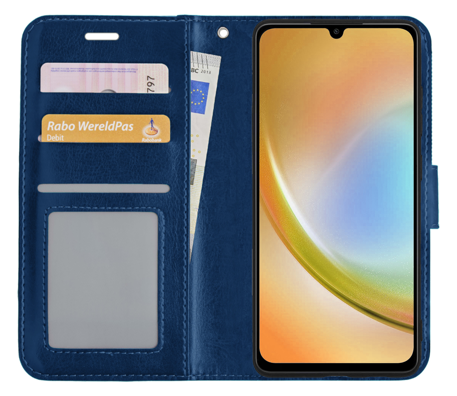 BASEY. Hoes Geschikt voor Samsung A34 Hoesje Bookcase Hoes Flip Case Book Cover Met 2x Screenprotector - Hoesje Geschikt voor Samsung Galaxy A34 Hoes Book Case Hoesje - Donkerblauw