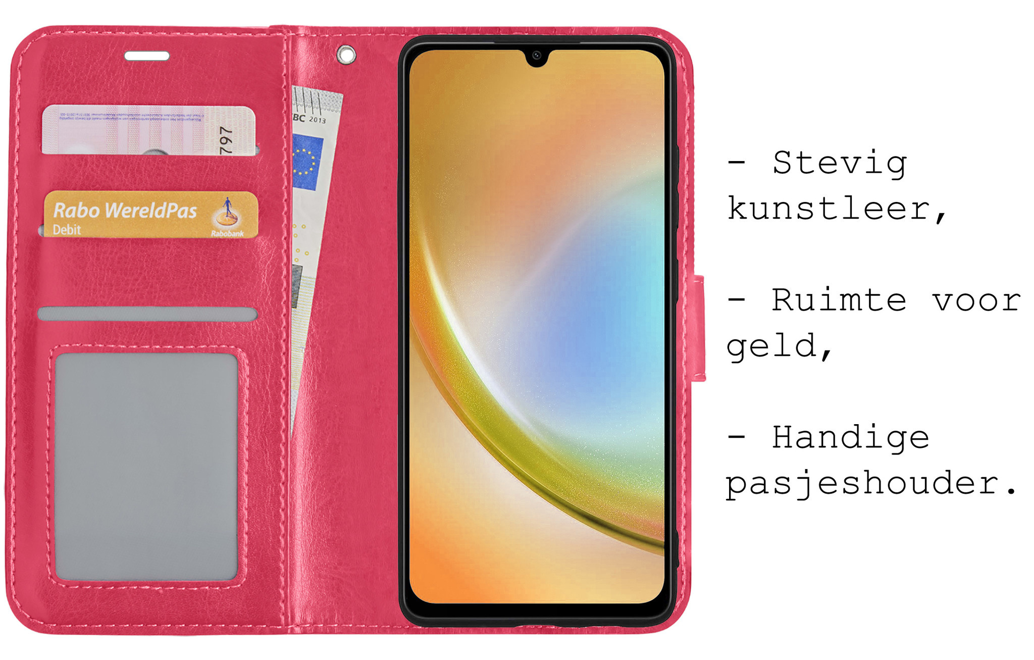 BASEY. Hoes Geschikt voor Samsung A34 Hoesje Bookcase Hoes Flip Case Book Cover Met 2x Screenprotector - Hoesje Geschikt voor Samsung Galaxy A34 Hoes Book Case Hoesje - Donkerroze