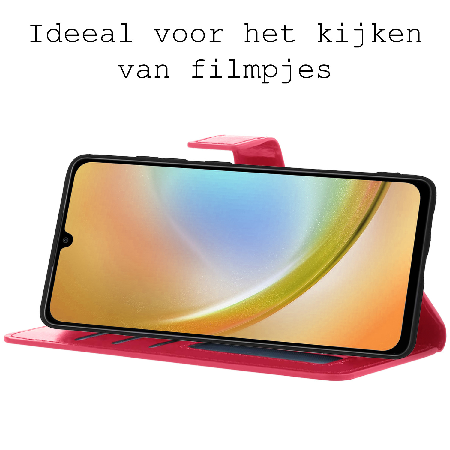 BASEY. Hoes Geschikt voor Samsung A34 Hoesje Bookcase Hoes Flip Case Book Cover Met 2x Screenprotector - Hoesje Geschikt voor Samsung Galaxy A34 Hoes Book Case Hoesje - Donkerroze