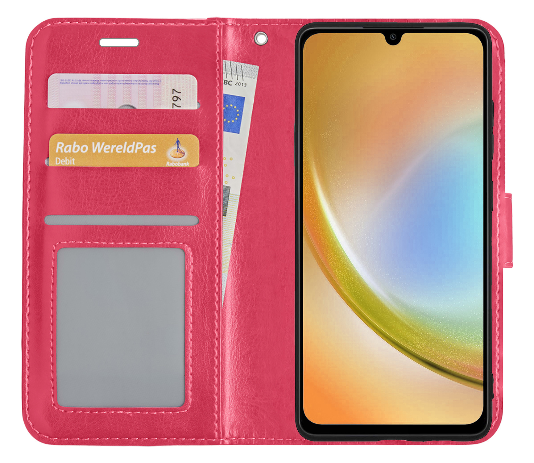 BASEY. Hoes Geschikt voor Samsung A34 Hoesje Bookcase Hoes Flip Case Book Cover Met 2x Screenprotector - Hoesje Geschikt voor Samsung Galaxy A34 Hoes Book Case Hoesje - Donkerroze