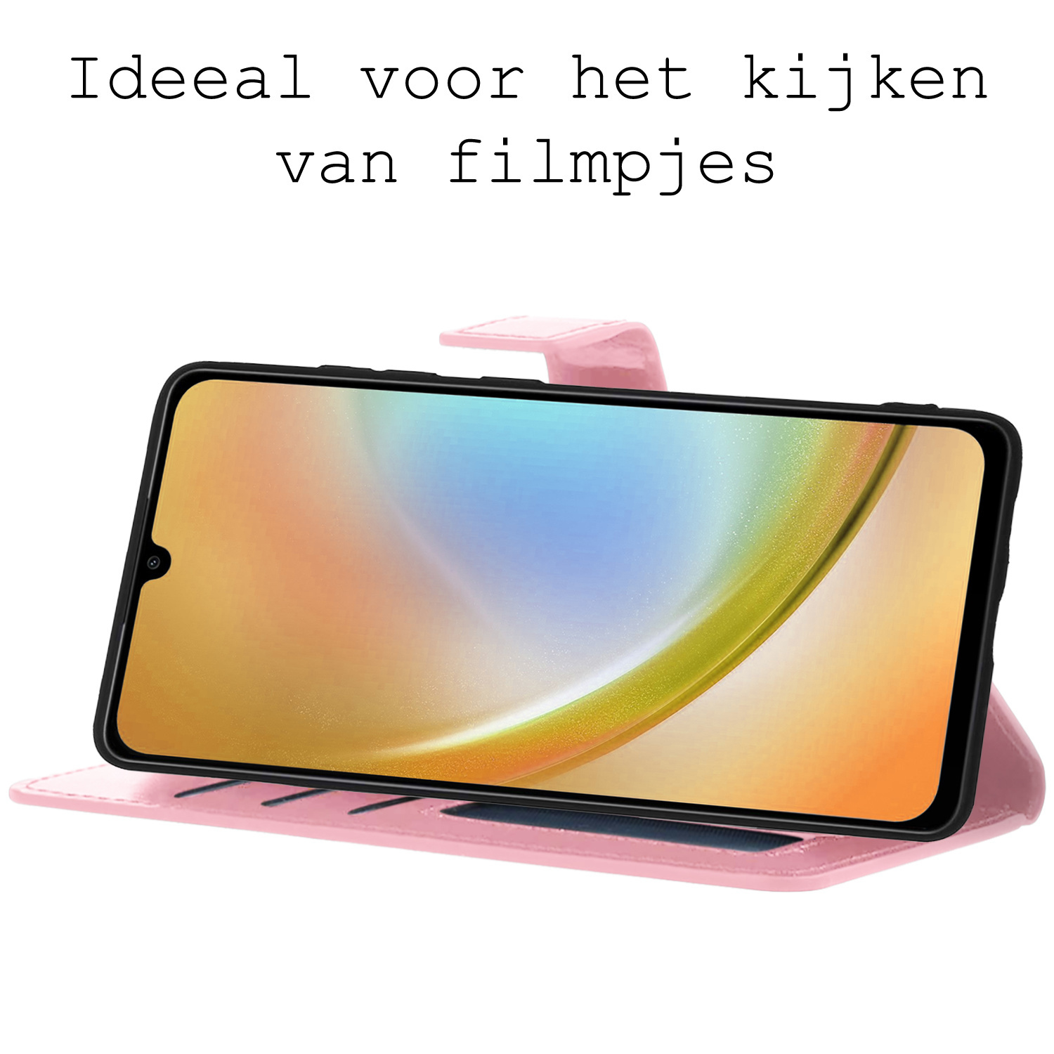 BASEY. Hoes Geschikt voor Samsung A34 Hoesje Bookcase Hoes Flip Case Book Cover Met 2x Screenprotector - Hoesje Geschikt voor Samsung Galaxy A34 Hoes Book Case Hoesje - Lichtroze