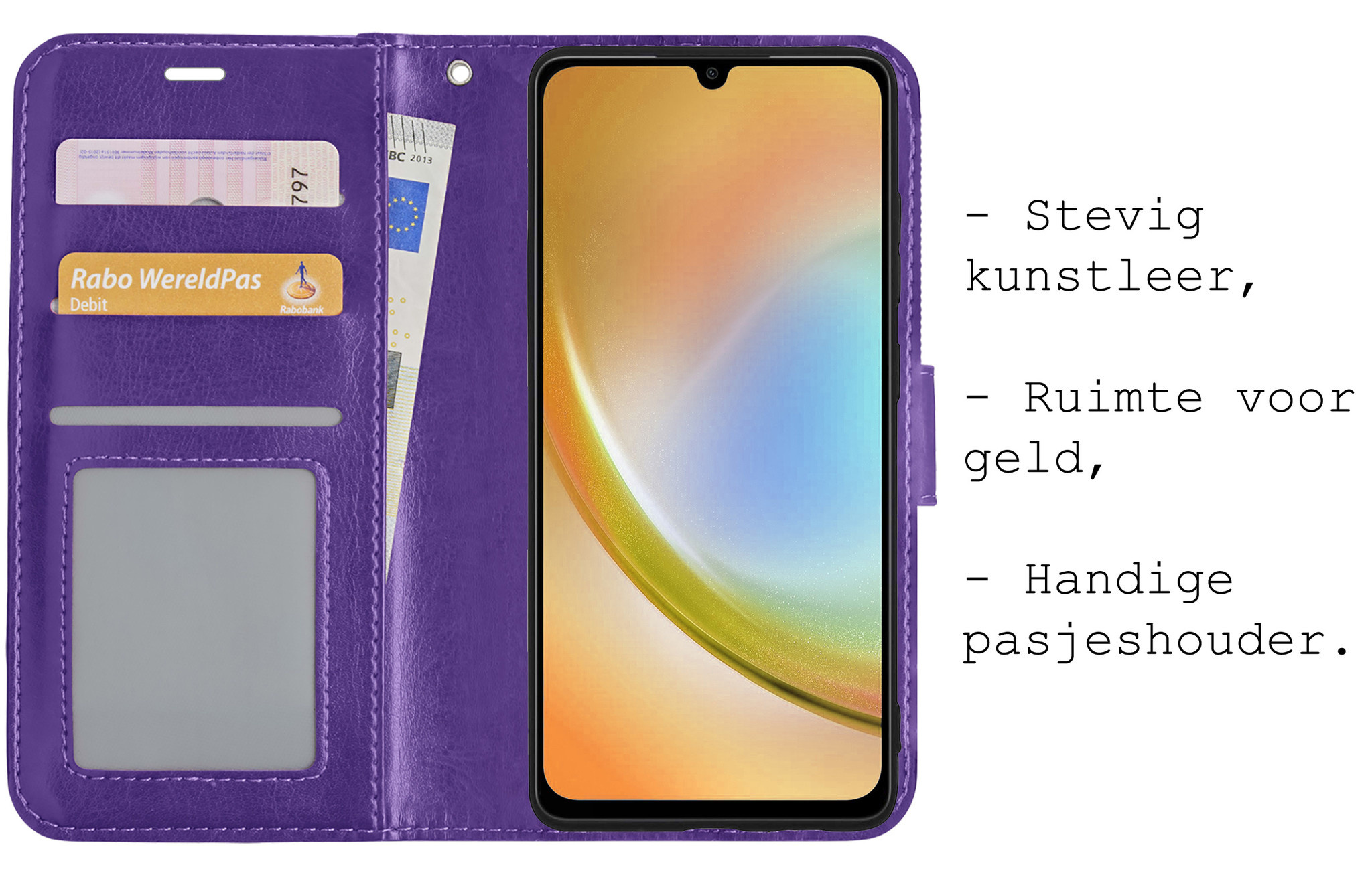 BASEY. Hoes Geschikt voor Samsung A34 Hoesje Bookcase Hoes Flip Case Book Cover Met 2x Screenprotector - Hoesje Geschikt voor Samsung Galaxy A34 Hoes Book Case Hoesje - Paars