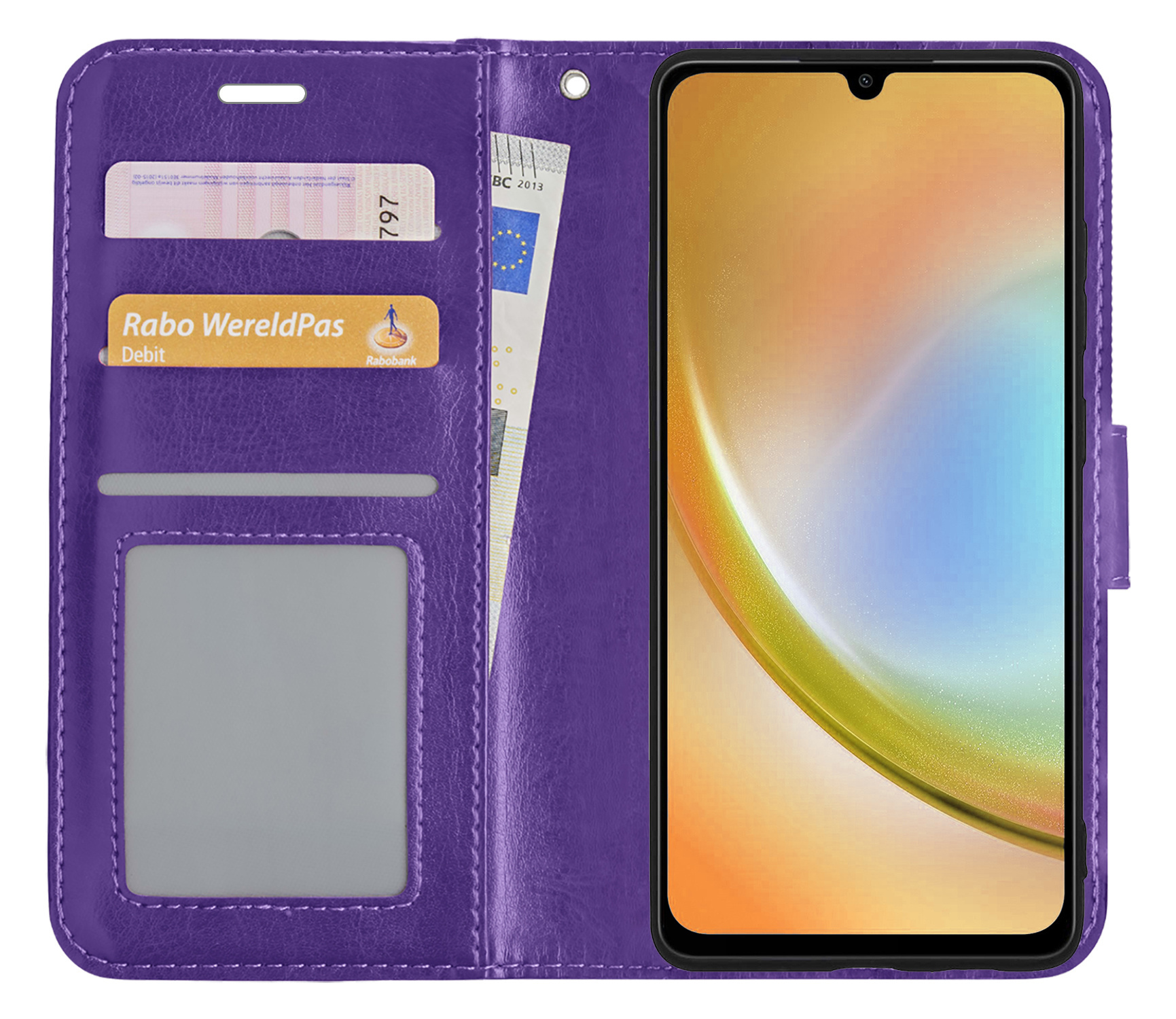 BASEY. Hoes Geschikt voor Samsung A34 Hoesje Bookcase Hoes Flip Case Book Cover Met 2x Screenprotector - Hoesje Geschikt voor Samsung Galaxy A34 Hoes Book Case Hoesje - Paars