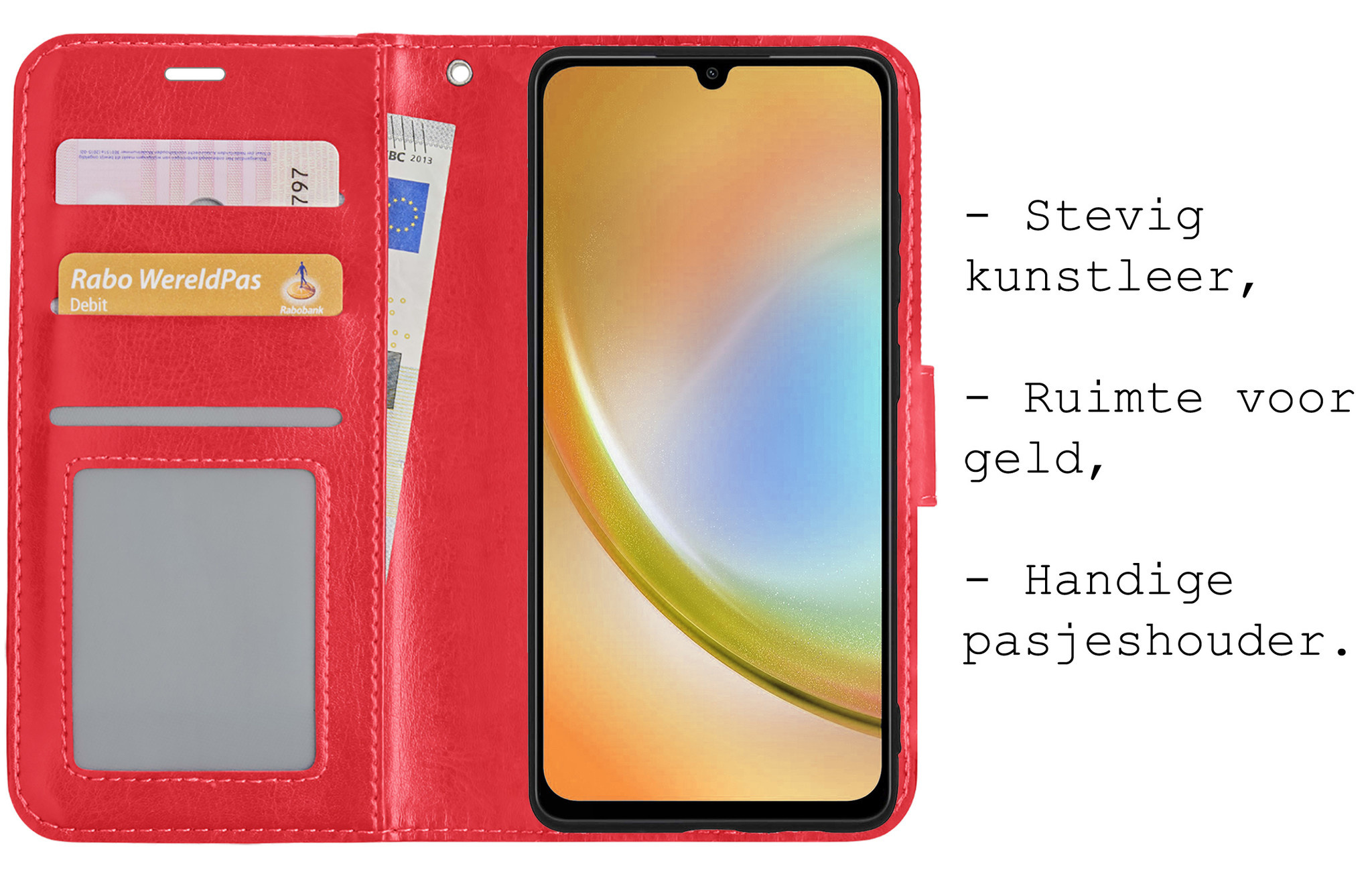 BASEY. Hoes Geschikt voor Samsung A34 Hoesje Bookcase Hoes Flip Case Book Cover Met 2x Screenprotector - Hoesje Geschikt voor Samsung Galaxy A34 Hoes Book Case Hoesje - Rood