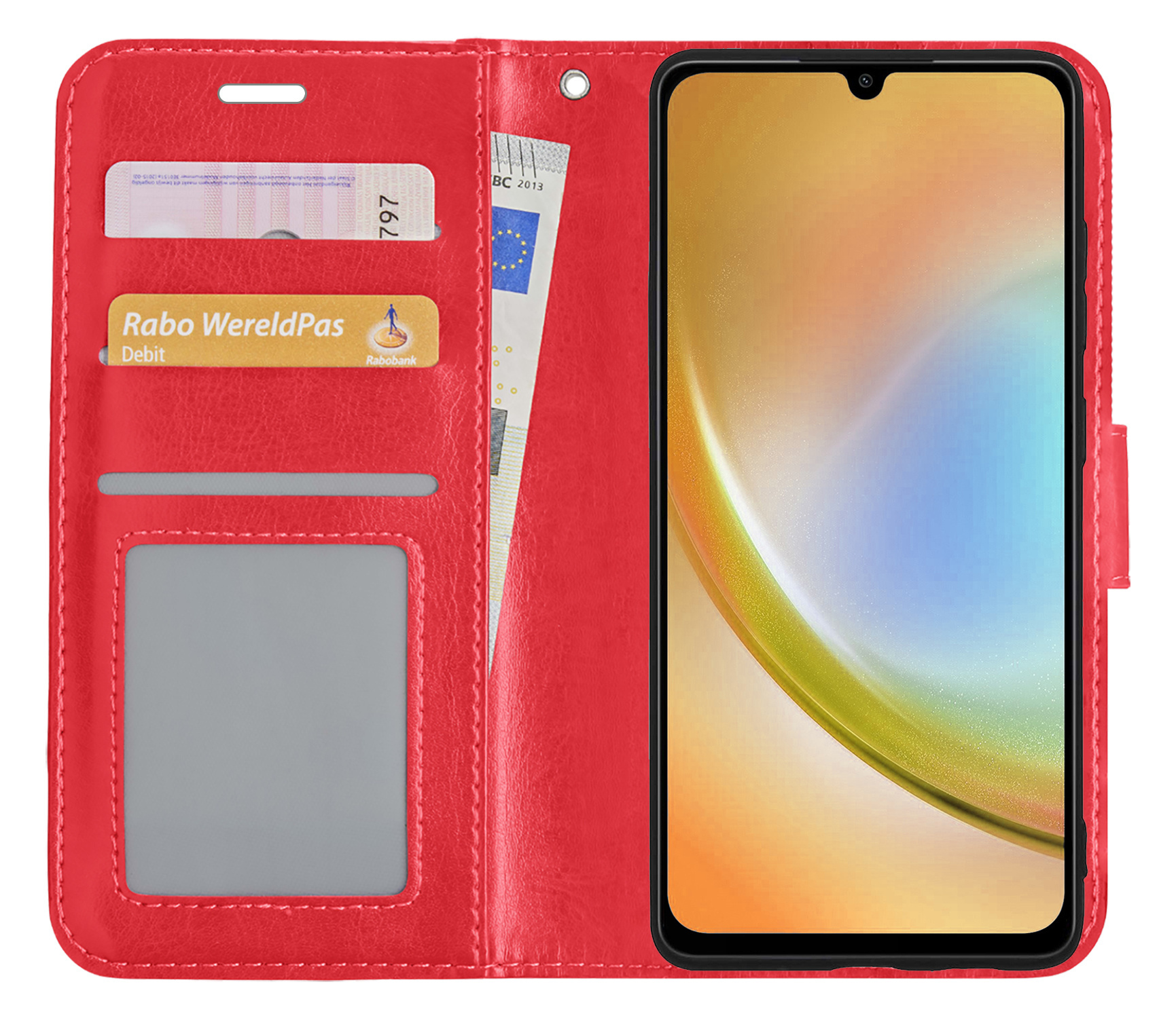BASEY. Hoes Geschikt voor Samsung A34 Hoesje Bookcase Hoes Flip Case Book Cover Met 2x Screenprotector - Hoesje Geschikt voor Samsung Galaxy A34 Hoes Book Case Hoesje - Rood