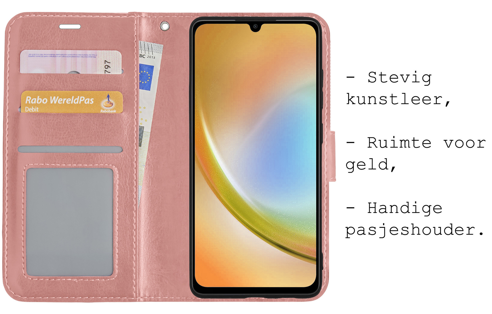 BASEY. Hoes Geschikt voor Samsung A34 Hoesje Bookcase Hoes Flip Case Book Cover Met 2x Screenprotector - Hoesje Geschikt voor Samsung Galaxy A34 Hoes Book Case Hoesje - Rosé goud