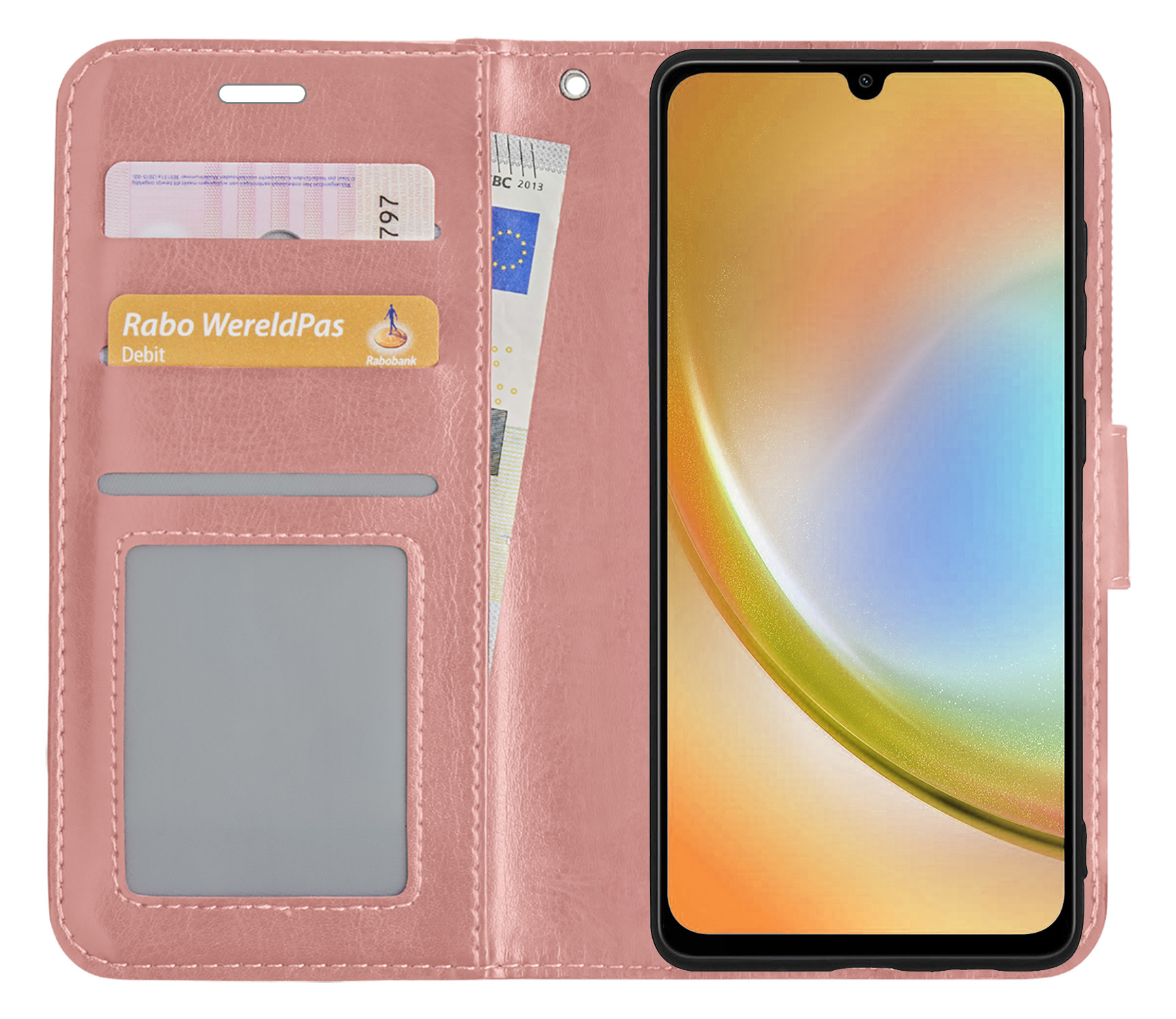 BASEY. Hoes Geschikt voor Samsung A34 Hoesje Bookcase Hoes Flip Case Book Cover Met 2x Screenprotector - Hoesje Geschikt voor Samsung Galaxy A34 Hoes Book Case Hoesje - Rosé goud