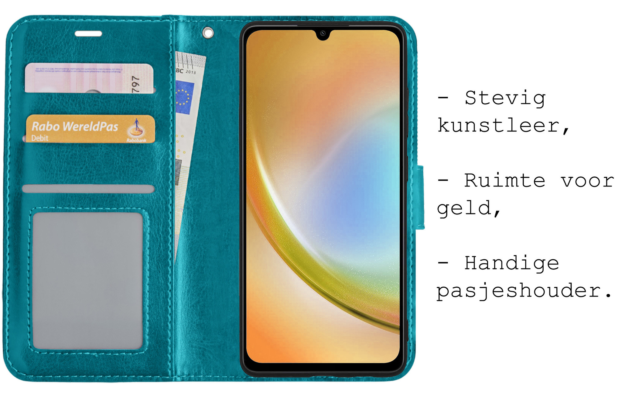 BASEY. Hoes Geschikt voor Samsung A34 Hoesje Bookcase Hoes Flip Case Book Cover Met 2x Screenprotector - Hoesje Geschikt voor Samsung Galaxy A34 Hoes Book Case Hoesje - Turquoise
