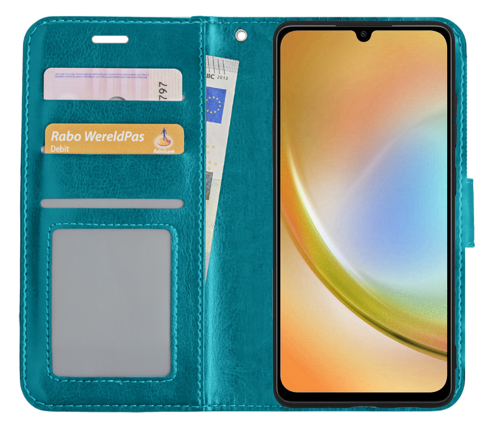 BASEY. Hoes Geschikt voor Samsung A34 Hoesje Bookcase Hoes Flip Case Book Cover Met 2x Screenprotector - Hoesje Geschikt voor Samsung Galaxy A34 Hoes Book Case Hoesje - Turquoise