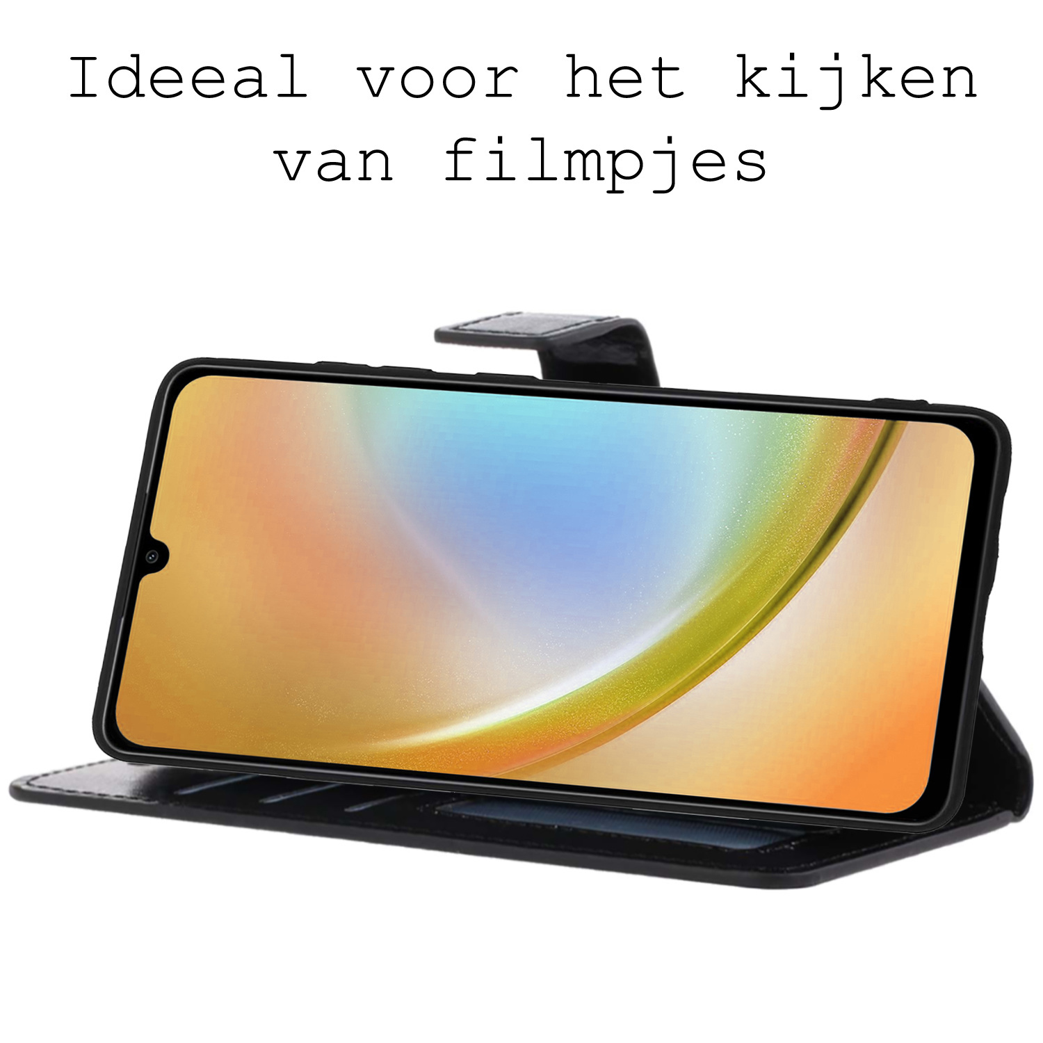BASEY. Hoes Geschikt voor Samsung A34 Hoesje Bookcase Hoes Flip Case Book Cover Met 2x Screenprotector - Hoesje Geschikt voor Samsung Galaxy A34 Hoes Book Case Hoesje - Zwart