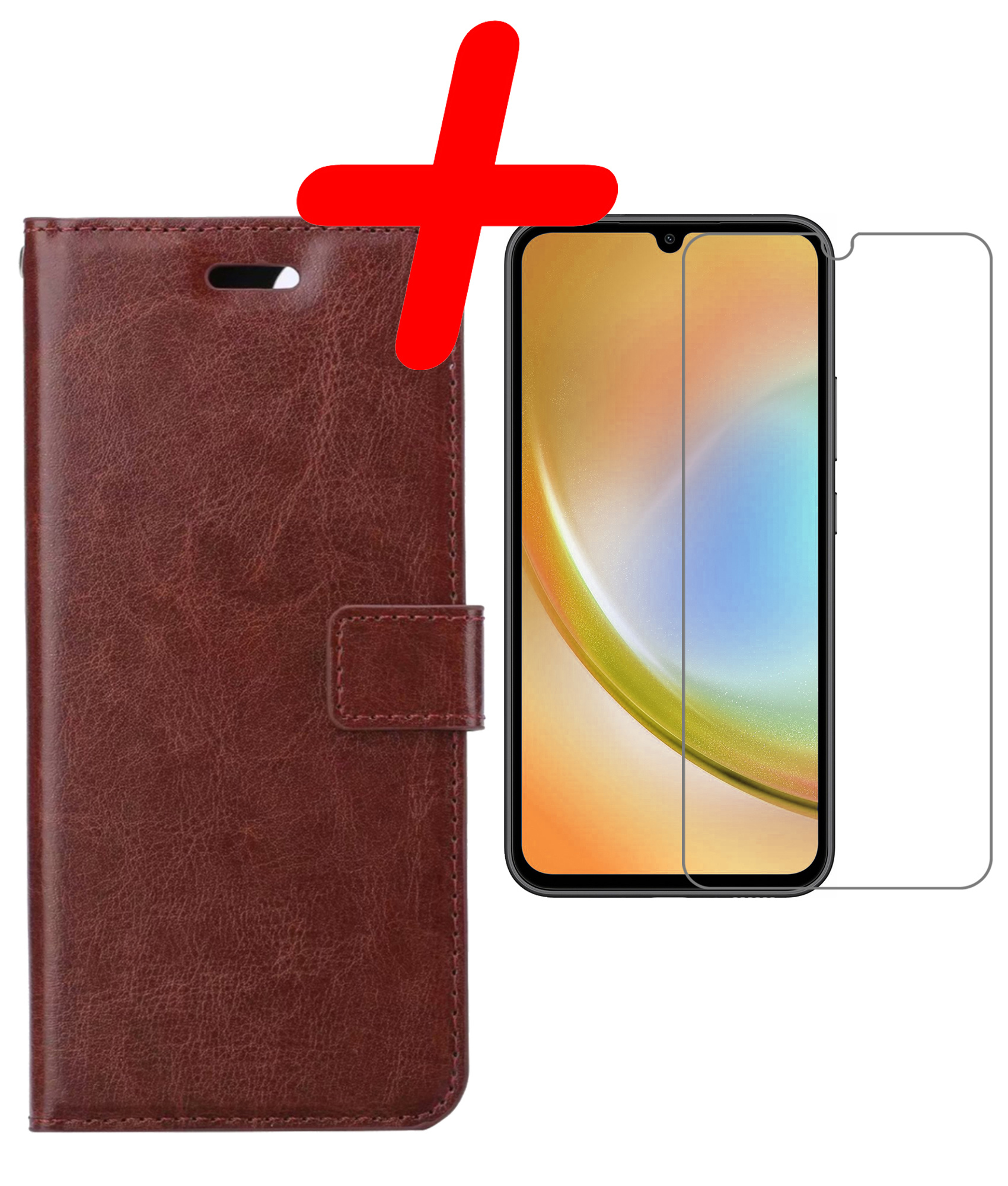 BASEY. Hoes Geschikt voor Samsung A34 Hoesje Bookcase Hoes Flip Case Book Cover Met Screenprotector - Hoesje Geschikt voor Samsung Galaxy A34 Hoes Book Case Hoesje - Bruin