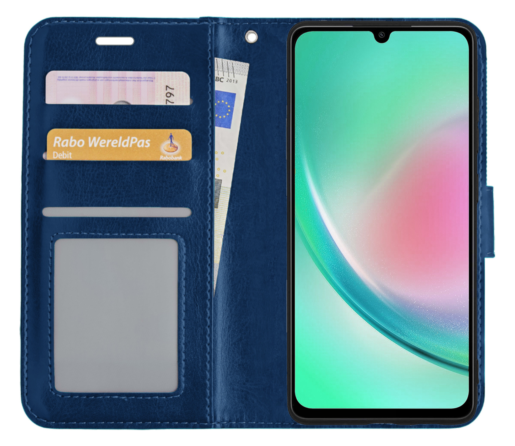 Nomfy Hoesje Geschikt voor Samsung A34 Hoes Bookcase Flipcase Book Cover Met Screenprotector - Hoes Geschikt voor Samsung Galaxy A34 Hoesje Book Case - Donkerblauw