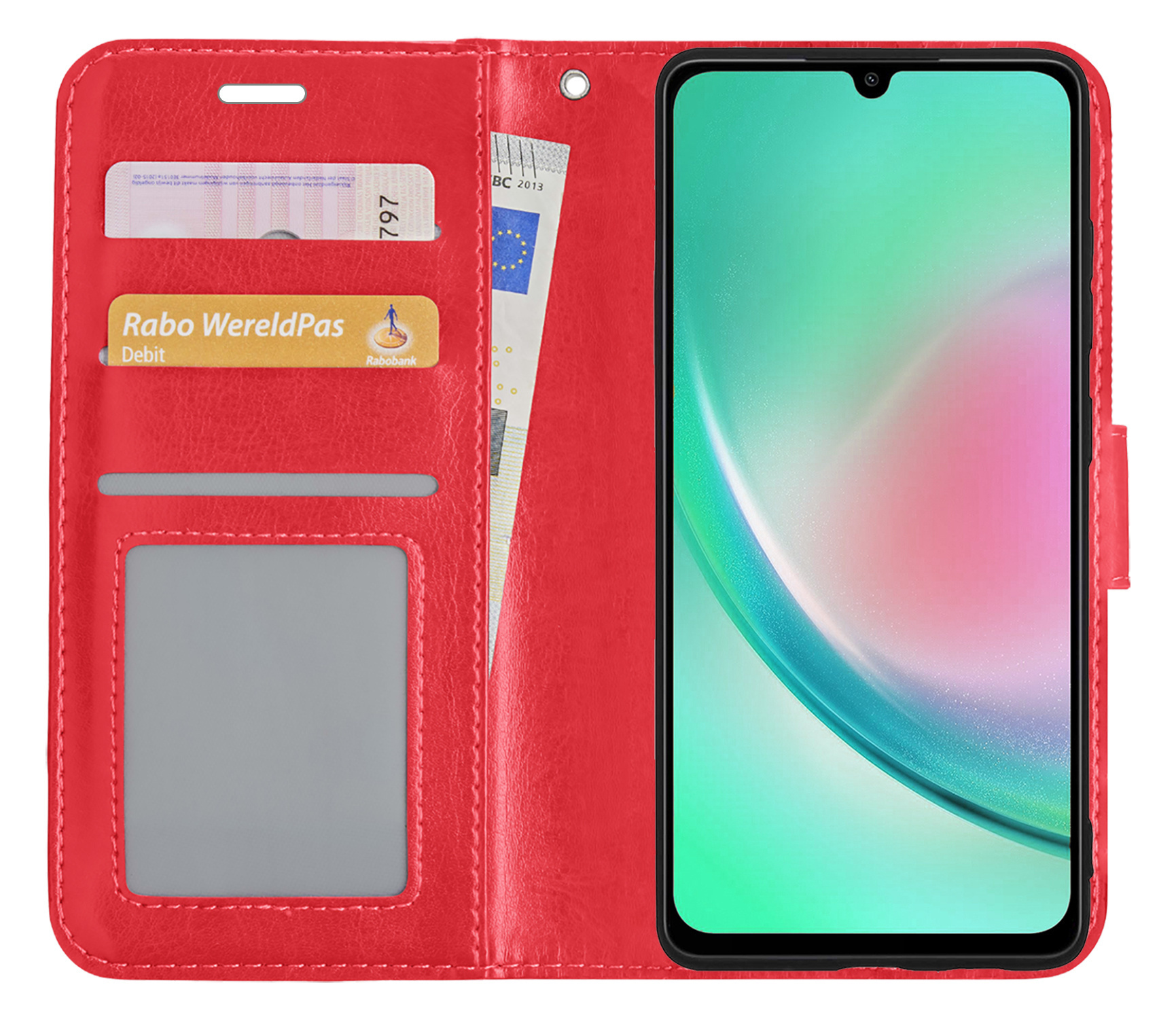 Nomfy Hoesje Geschikt voor Samsung A34 Hoes Bookcase Flipcase Book Cover Met Screenprotector - Hoes Geschikt voor Samsung Galaxy A34 Hoesje Book Case - Rood