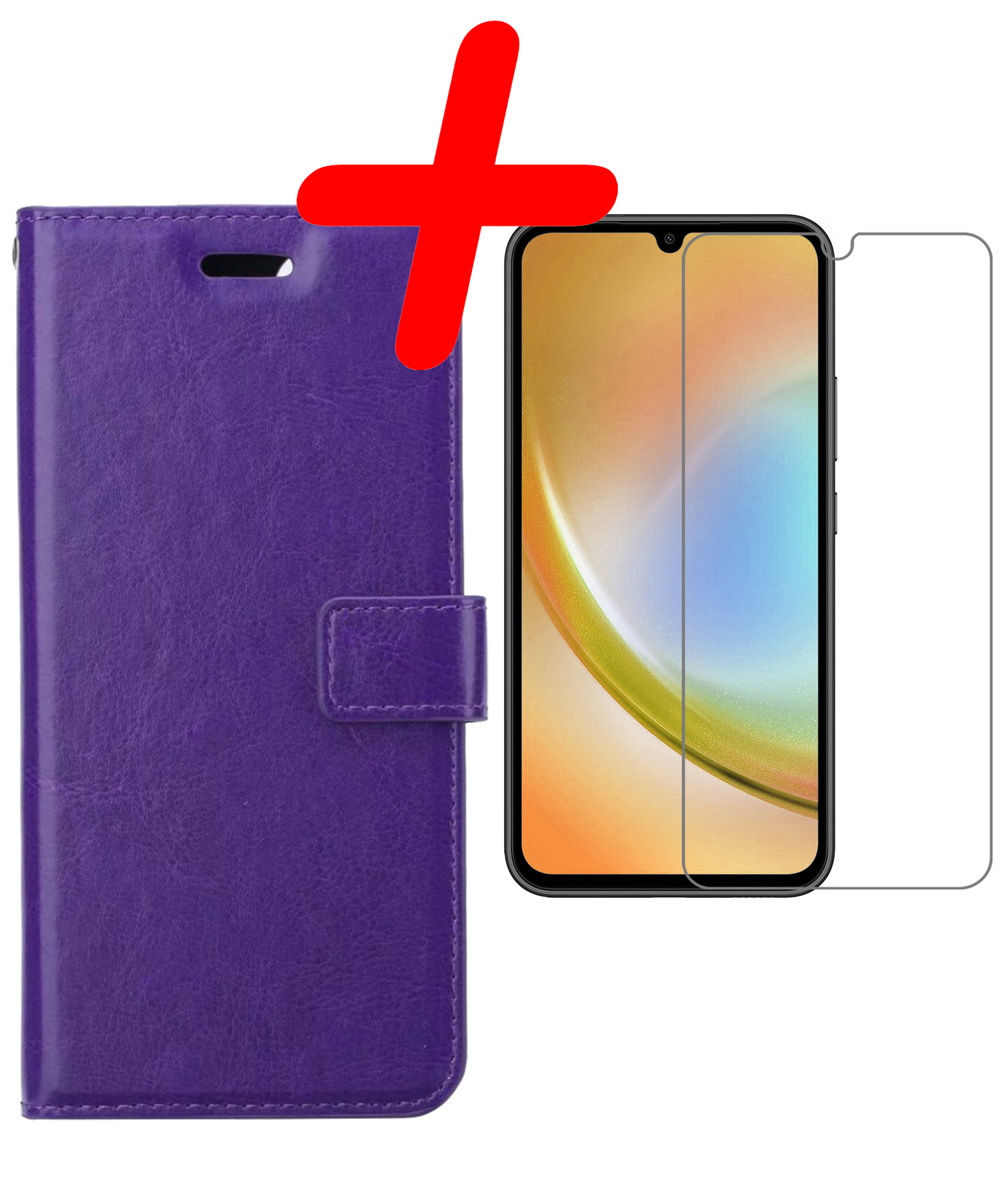 BASEY. Hoes Geschikt voor Samsung A34 Hoesje Bookcase Hoes Flip Case Book Cover Met Screenprotector - Hoesje Geschikt voor Samsung Galaxy A34 Hoes Book Case Hoesje - Paars