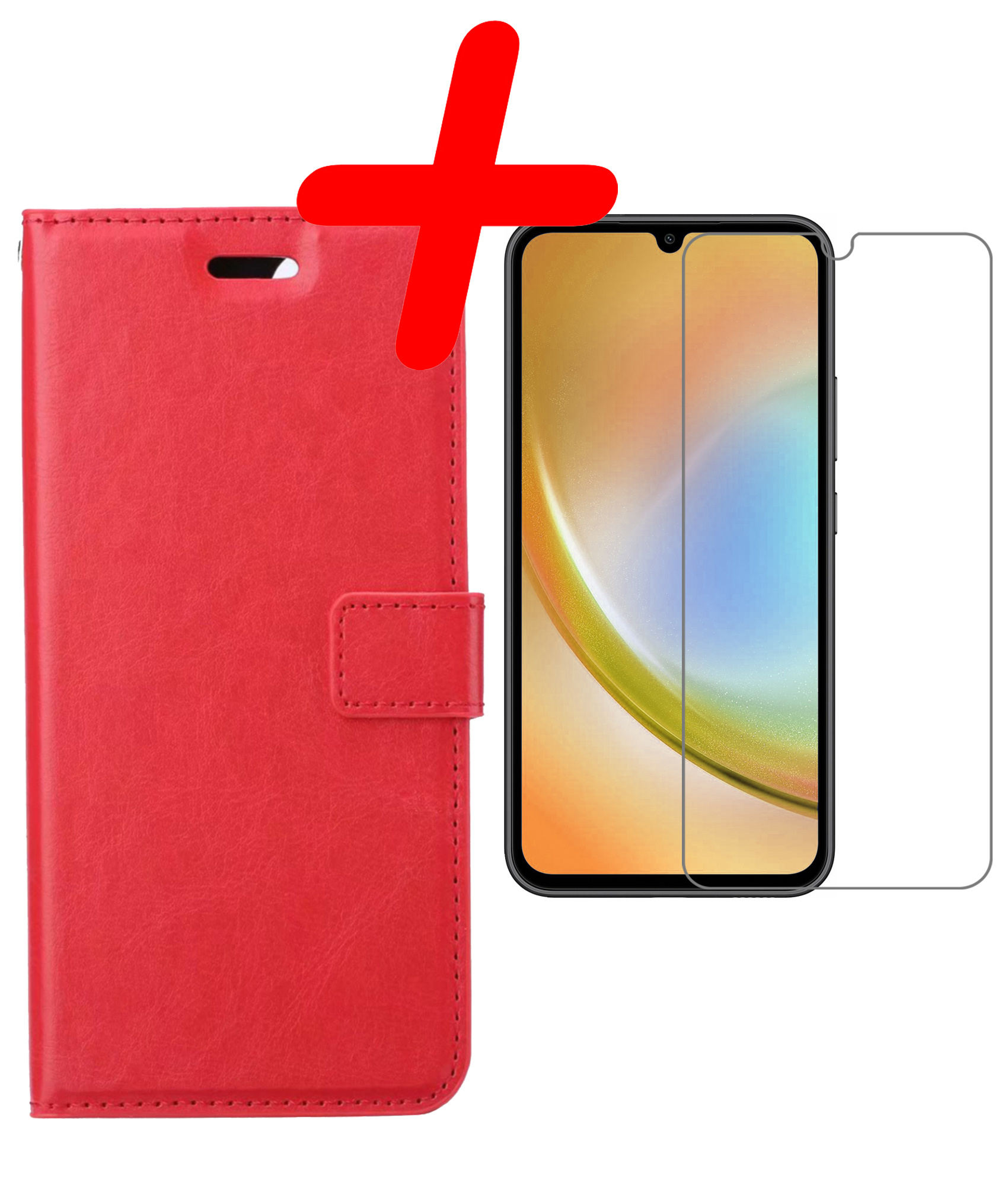 BASEY. Hoes Geschikt voor Samsung A34 Hoesje Bookcase Hoes Flip Case Book Cover Met Screenprotector - Hoesje Geschikt voor Samsung Galaxy A34 Hoes Book Case Hoesje - Rood