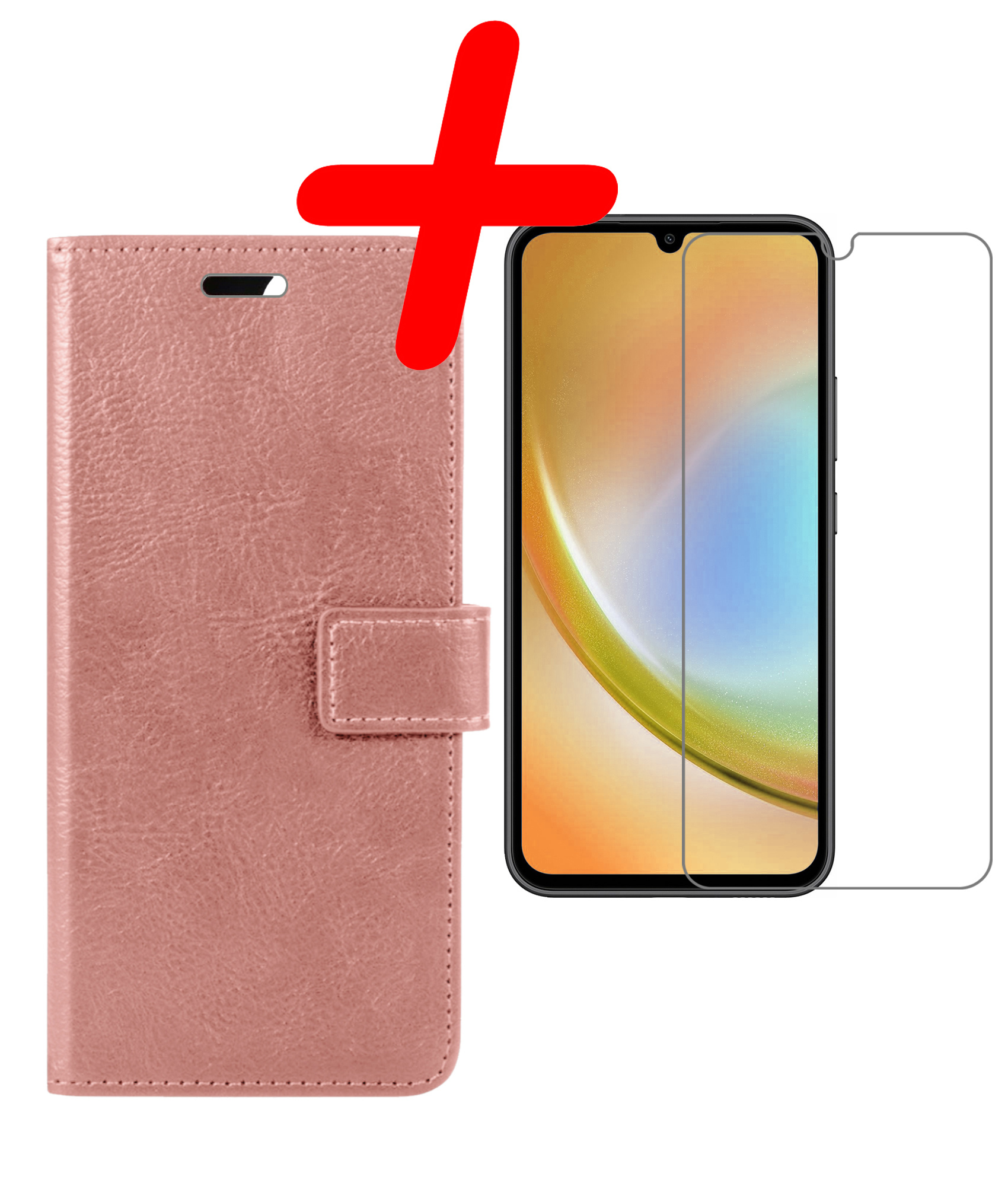 BASEY. Hoes Geschikt voor Samsung A34 Hoesje Bookcase Hoes Flip Case Book Cover Met Screenprotector - Hoesje Geschikt voor Samsung Galaxy A34 Hoes Book Case Hoesje - Rosé goud
