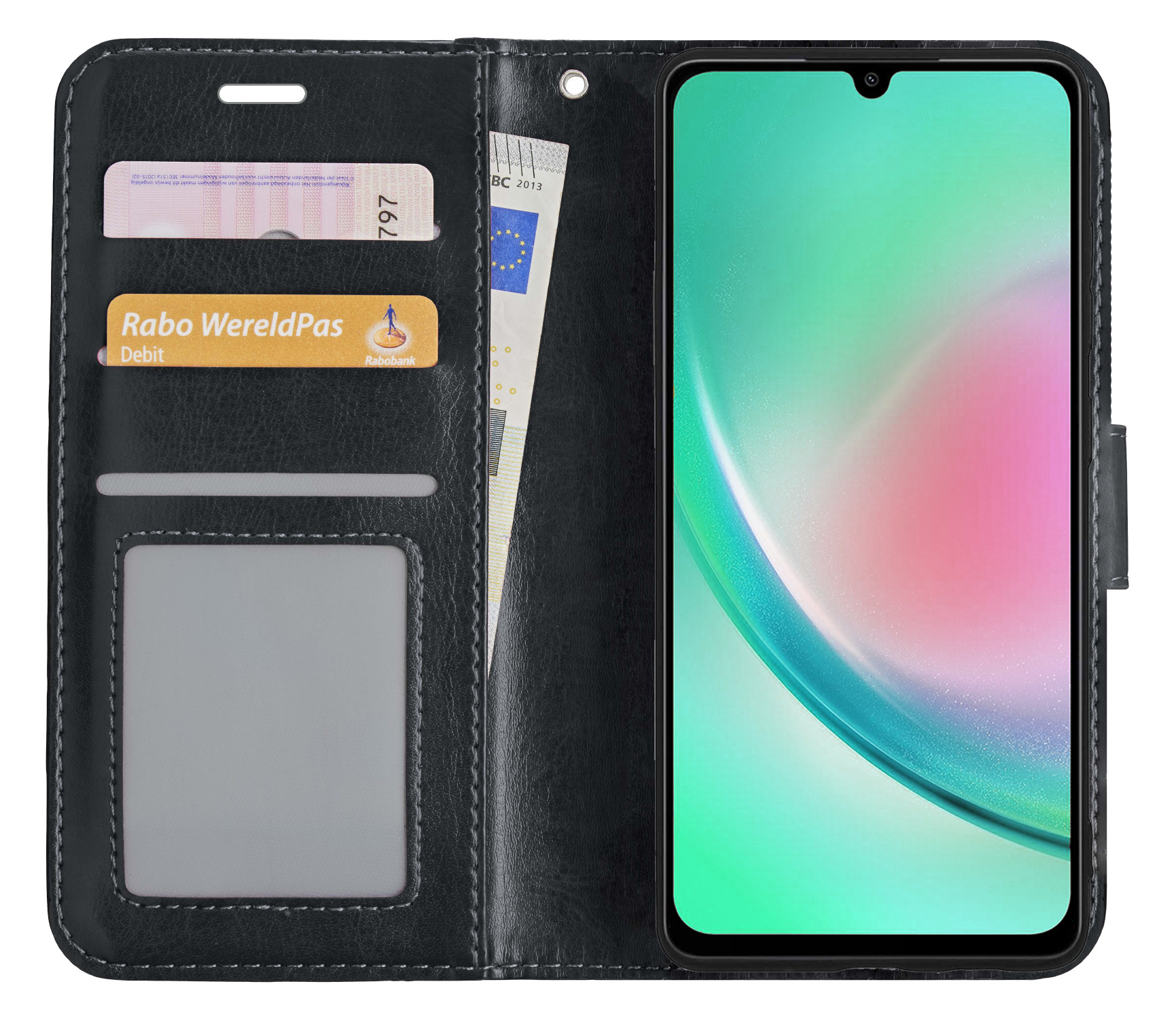Nomfy Hoesje Geschikt voor Samsung A34 Hoes Bookcase Flipcase Book Cover Met Screenprotector - Hoes Geschikt voor Samsung Galaxy A34 Hoesje Book Case - Zwart
