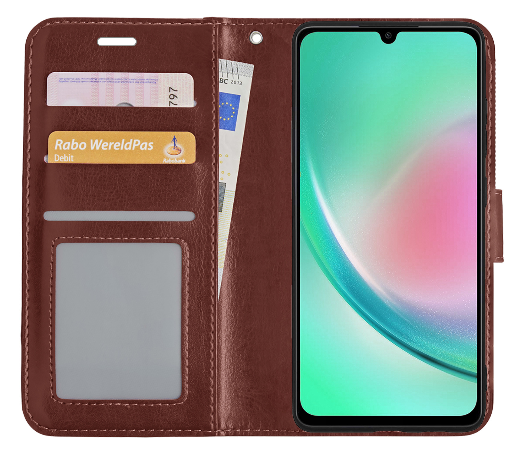 Nomfy Hoesje Geschikt voor Samsung A34 Hoes Bookcase Flipcase Book Cover Met 2x Screenprotector - Hoes Geschikt voor Samsung Galaxy A34 Hoesje Book Case - Bruin