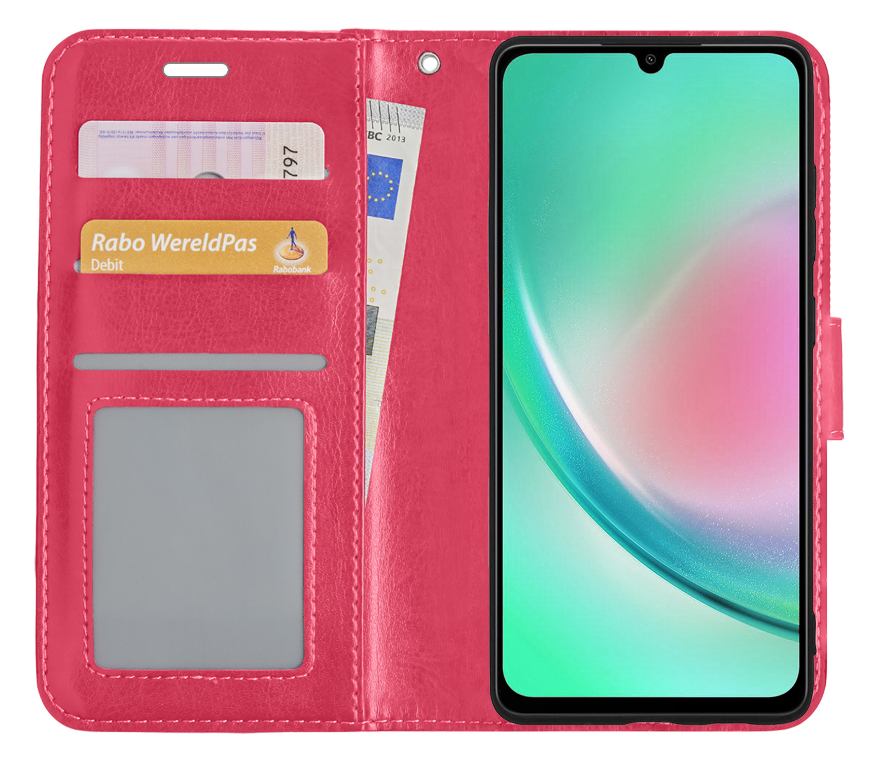 Nomfy Hoesje Geschikt voor Samsung A34 Hoes Bookcase Flipcase Book Cover Met 2x Screenprotector - Hoes Geschikt voor Samsung Galaxy A34 Hoesje Book Case - Donkerroze
