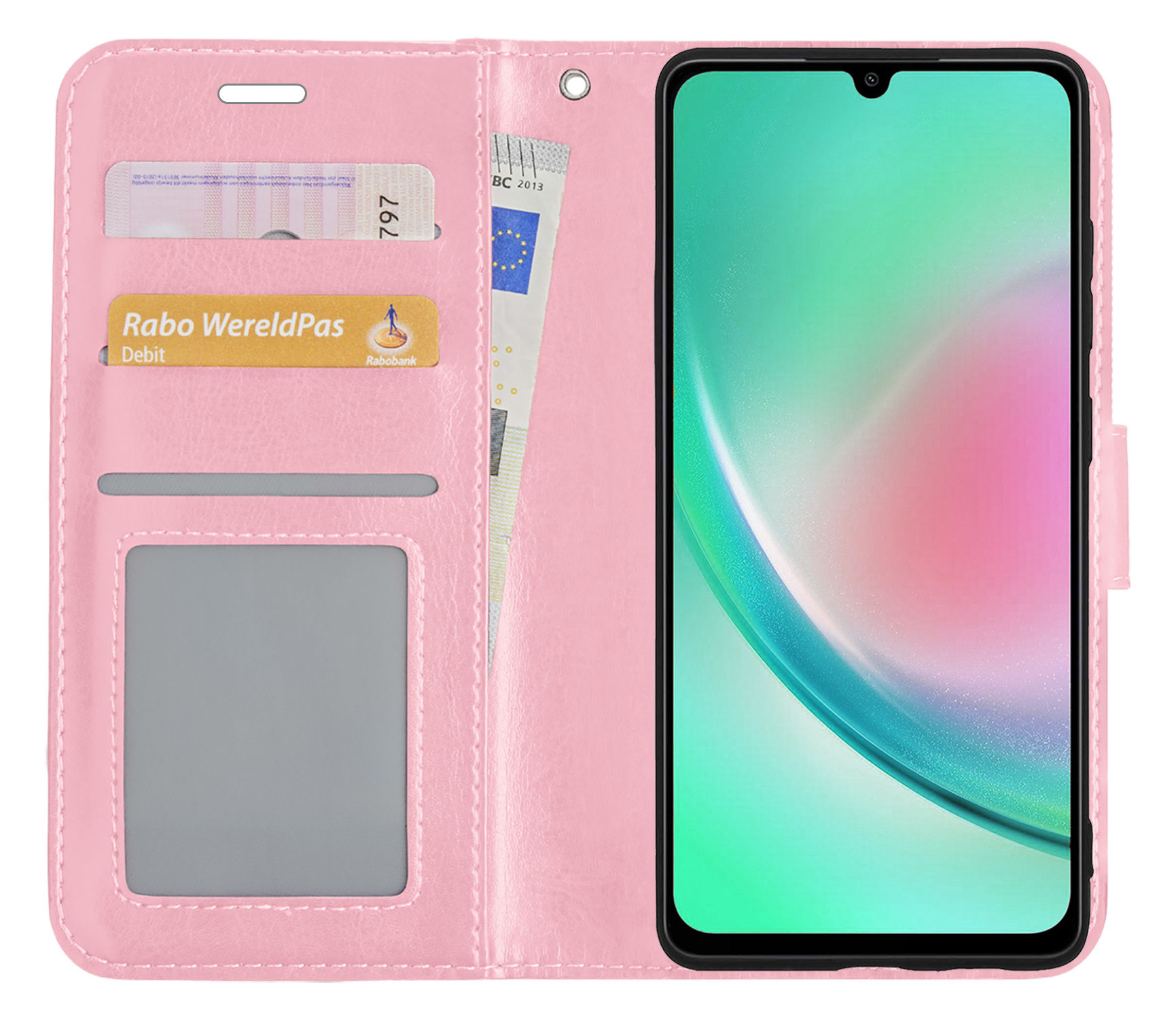 Nomfy Hoesje Geschikt voor Samsung A34 Hoes Bookcase Flipcase Book Cover Met 2x Screenprotector - Hoes Geschikt voor Samsung Galaxy A34 Hoesje Book Case - Lichtroze