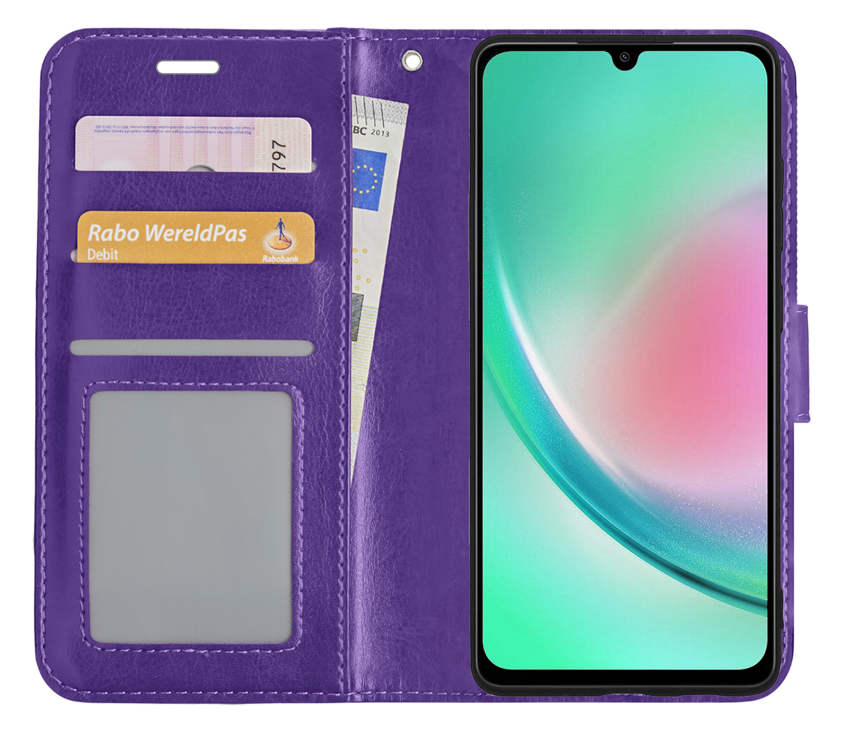 Nomfy Hoesje Geschikt voor Samsung A34 Hoes Bookcase Flipcase Book Cover Met 2x Screenprotector - Hoes Geschikt voor Samsung Galaxy A34 Hoesje Book Case - Paars