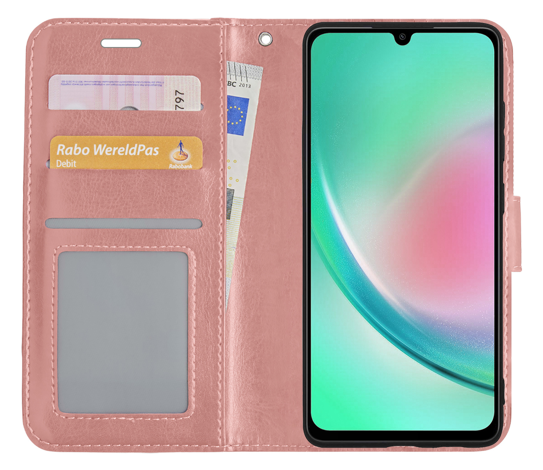Nomfy Hoesje Geschikt voor Samsung A34 Hoes Bookcase Flipcase Book Cover Met 2x Screenprotector - Hoes Geschikt voor Samsung Galaxy A34 Hoesje Book Case - Rosé goud
