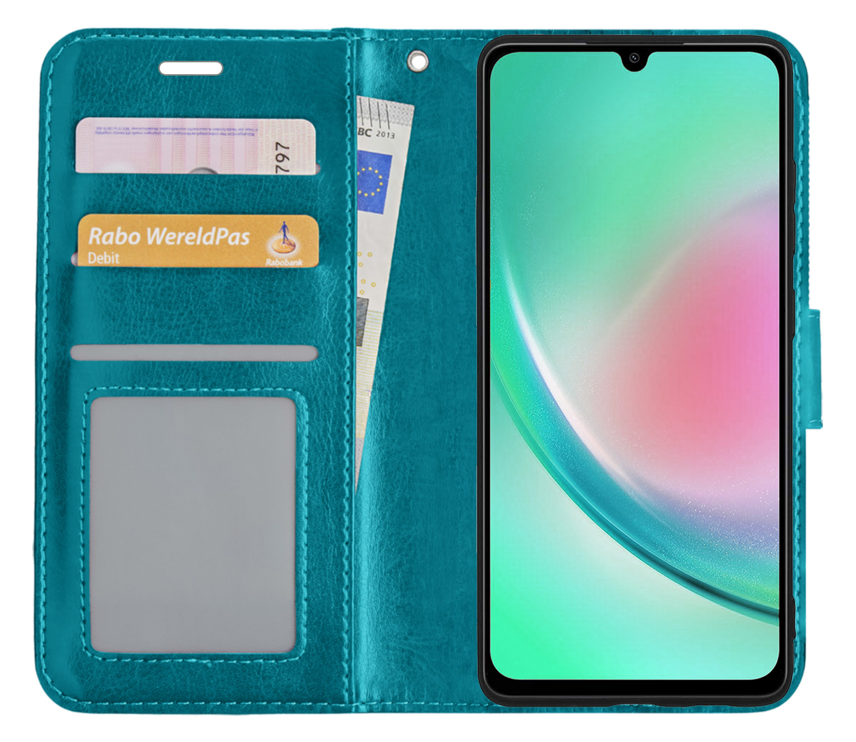 Nomfy Hoesje Geschikt voor Samsung A34 Hoes Bookcase Flipcase Book Cover Met 2x Screenprotector - Hoes Geschikt voor Samsung Galaxy A34 Hoesje Book Case - Turquoise
