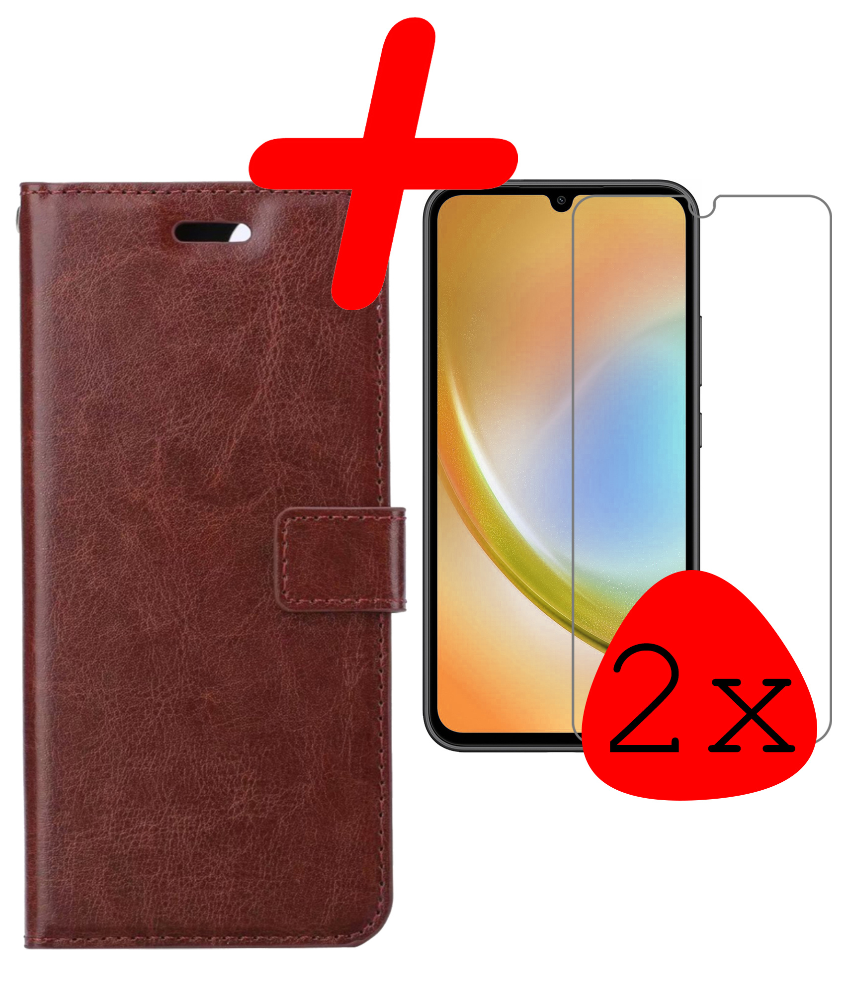 BASEY. Hoes Geschikt voor Samsung A34 Hoesje Bookcase Hoes Flip Case Book Cover Met 2x Screenprotector - Hoesje Geschikt voor Samsung Galaxy A34 Hoes Book Case Hoesje - Bruin