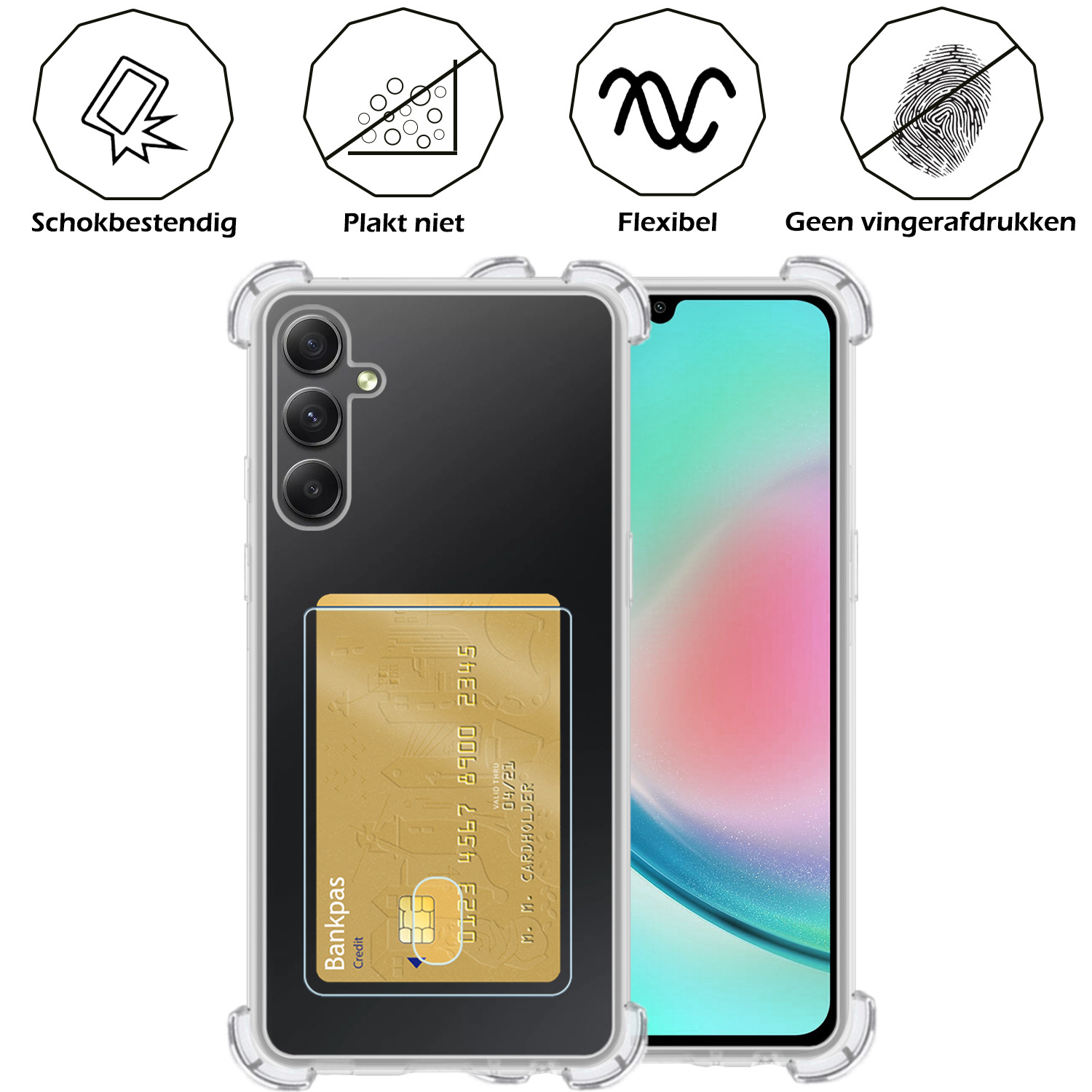 Nomfy Hoesje Geschikt voor Samsung A34 Hoesje Pasjeshouder Shockproof Pas Houder Met 2x Screenprotector - Hoesje Geschikt voor Samsung Galaxy A34 Hoes Met Kaarthouder - Transparant