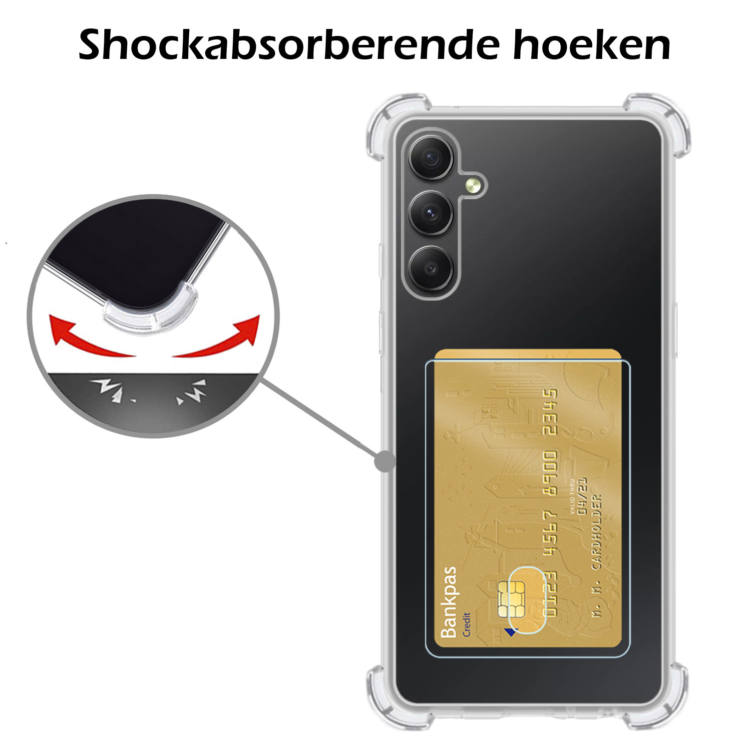 Nomfy Hoesje Geschikt voor Samsung A34 Hoesje Pasjeshouder Shockproof Pas Houder Met 2x Screenprotector - Hoesje Geschikt voor Samsung Galaxy A34 Hoes Met Kaarthouder - Transparant