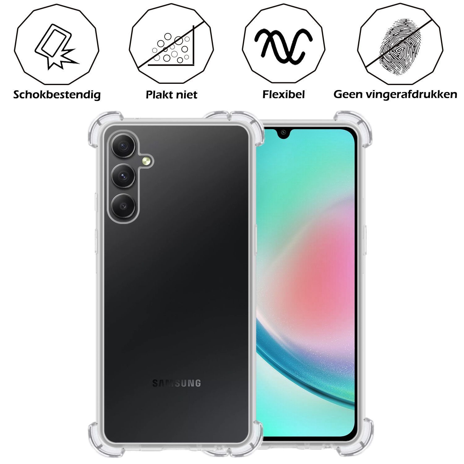 Nomfy Hoesje Geschikt voor Samsung A34 Hoesje Shock Proof Cover Case Shockproof Met Screenprotector - Hoes Geschikt voor Samsung Galaxy A34 Hoes Siliconen Back Case - Transparant