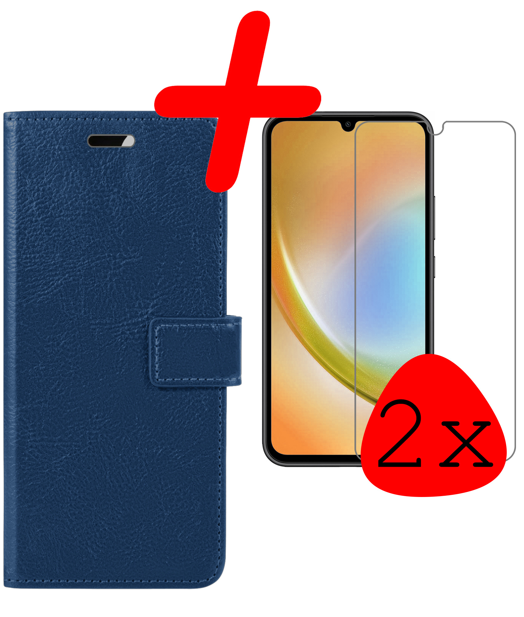 BASEY. Hoes Geschikt voor Samsung A34 Hoesje Bookcase Hoes Flip Case Book Cover Met 2x Screenprotector - Hoesje Geschikt voor Samsung Galaxy A34 Hoes Book Case Hoesje - Donkerblauw