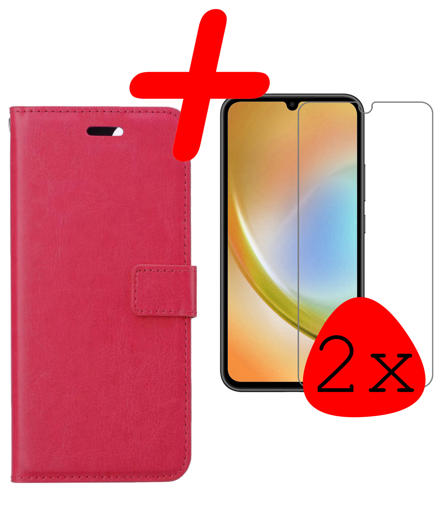 BASEY. Hoes Geschikt voor Samsung A34 Hoesje Bookcase Hoes Flip Case Book Cover Met 2x Screenprotector - Hoesje Geschikt voor Samsung Galaxy A34 Hoes Book Case Hoesje - Donkerroze